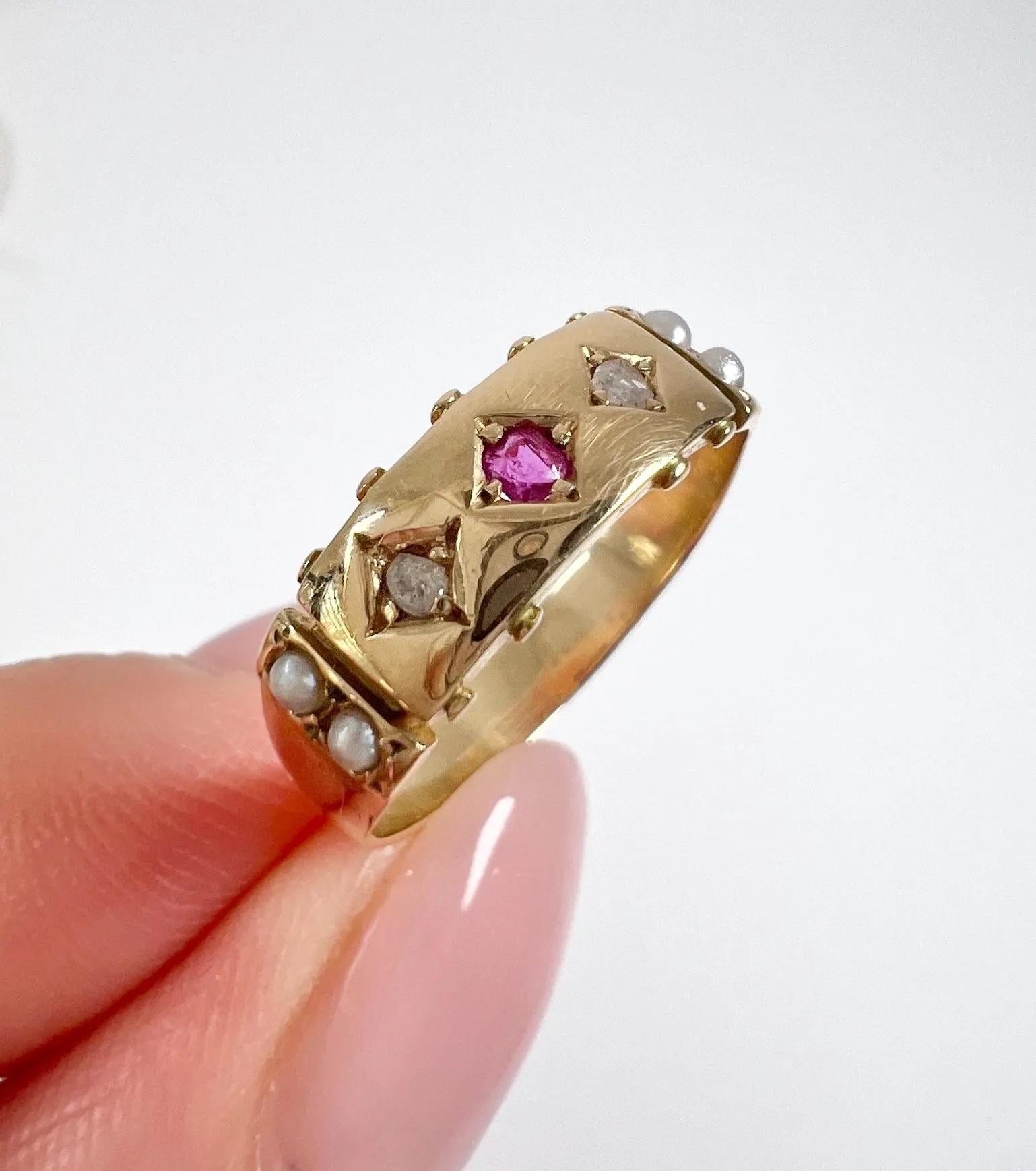 Antique 15ct Gold, Edwardian Ruby, Diamond & Pearl Band Ring 6