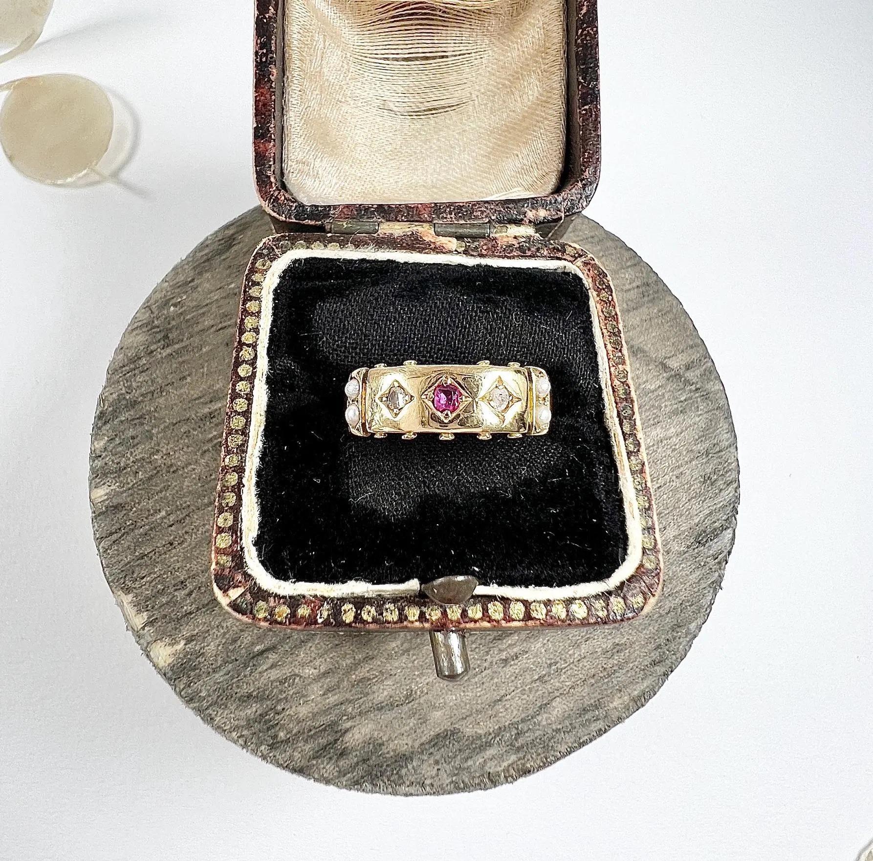Rough Cut Antique 15ct Gold, Edwardian Ruby, Diamond & Pearl Band Ring
