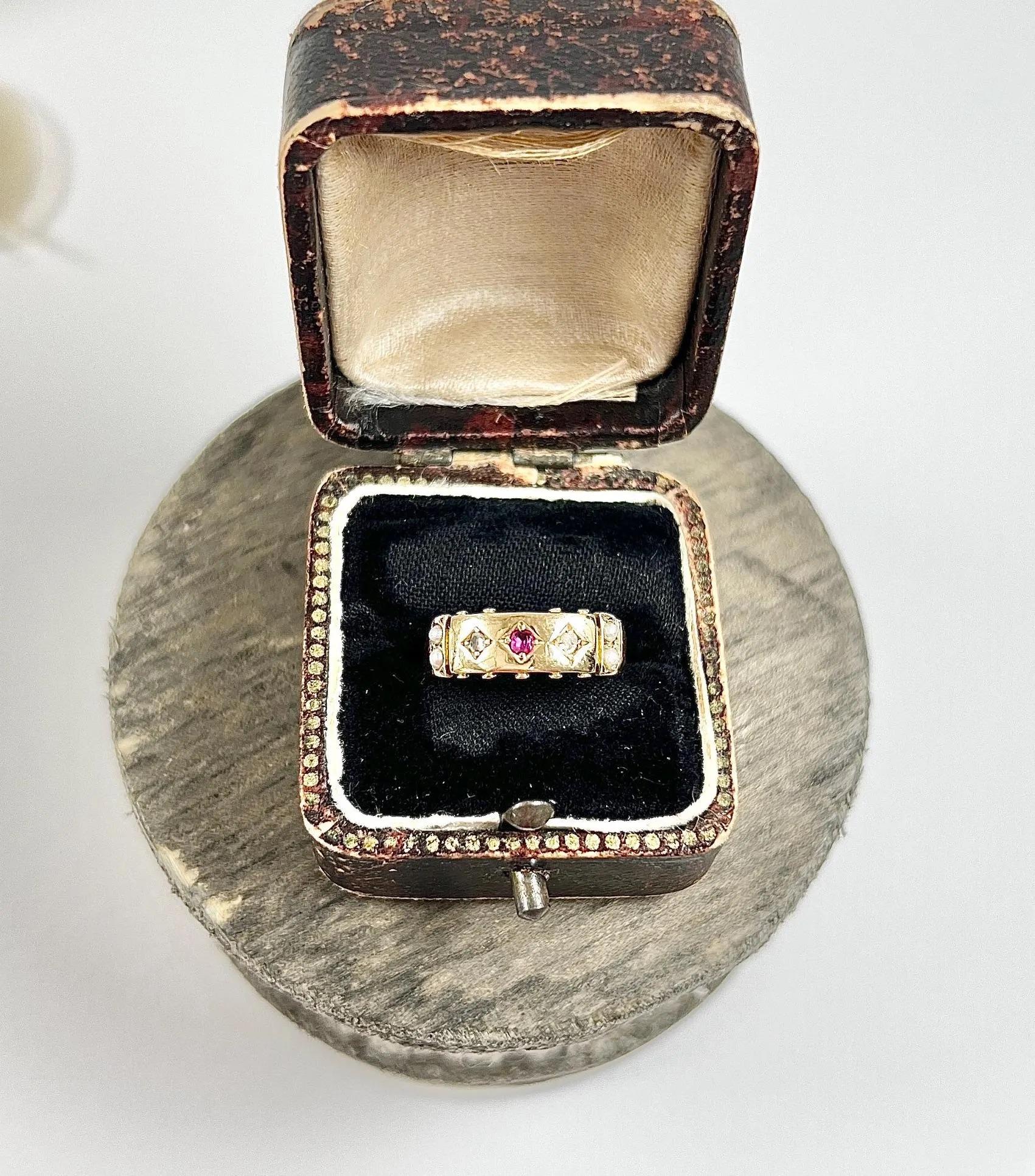 Women's or Men's Antique 15ct Gold, Edwardian Ruby, Diamond & Pearl Band Ring