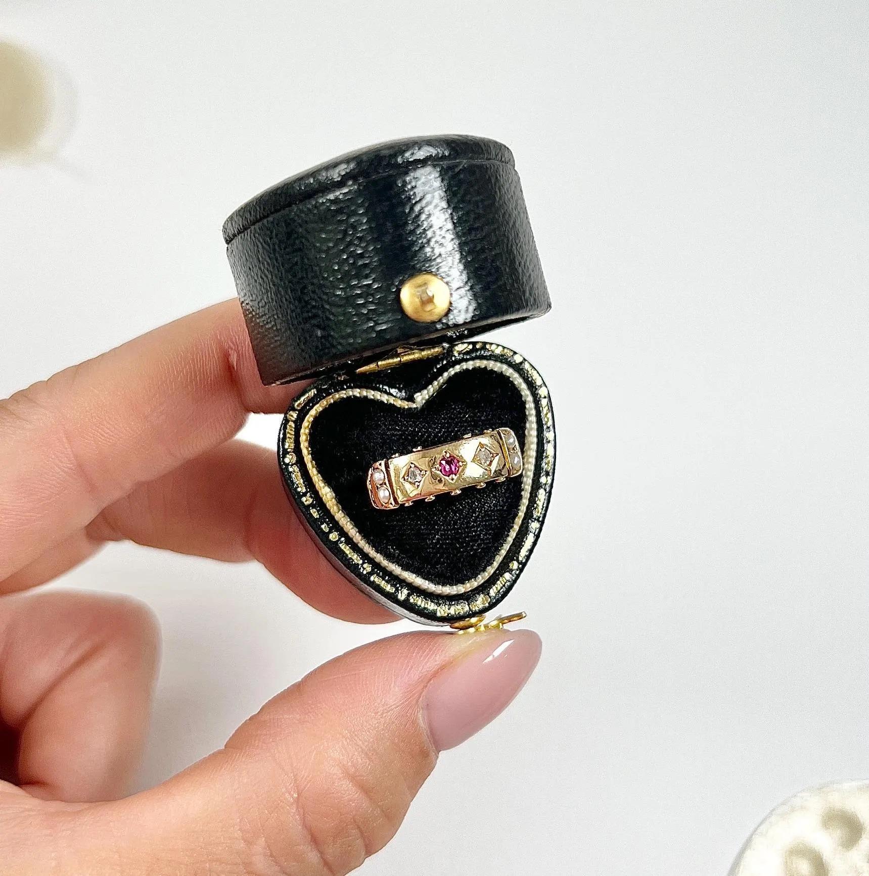 Antique 15ct Gold, Edwardian Ruby, Diamond & Pearl Band Ring 2