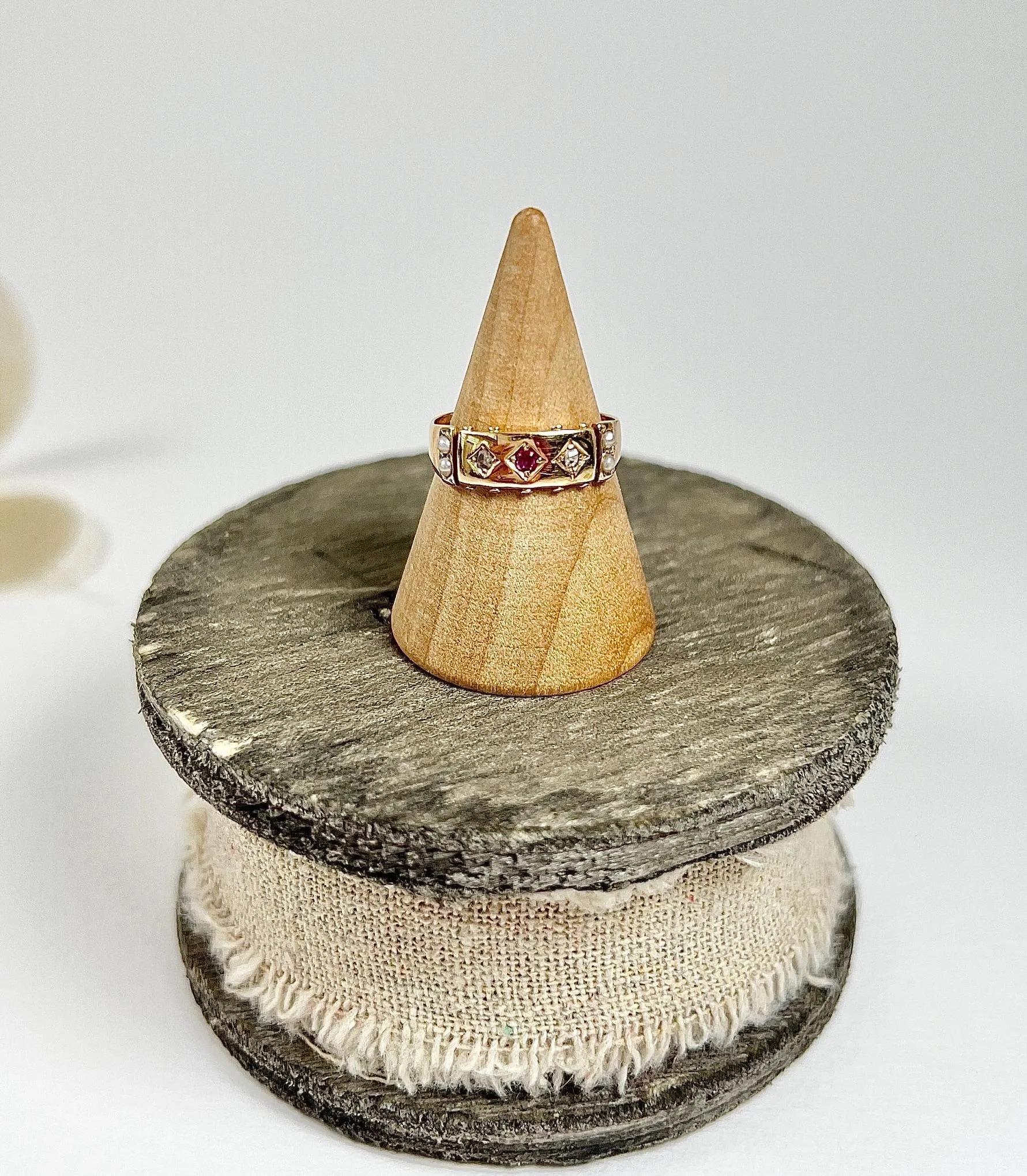 Antique 15ct Gold, Edwardian Ruby, Diamond & Pearl Band Ring 3