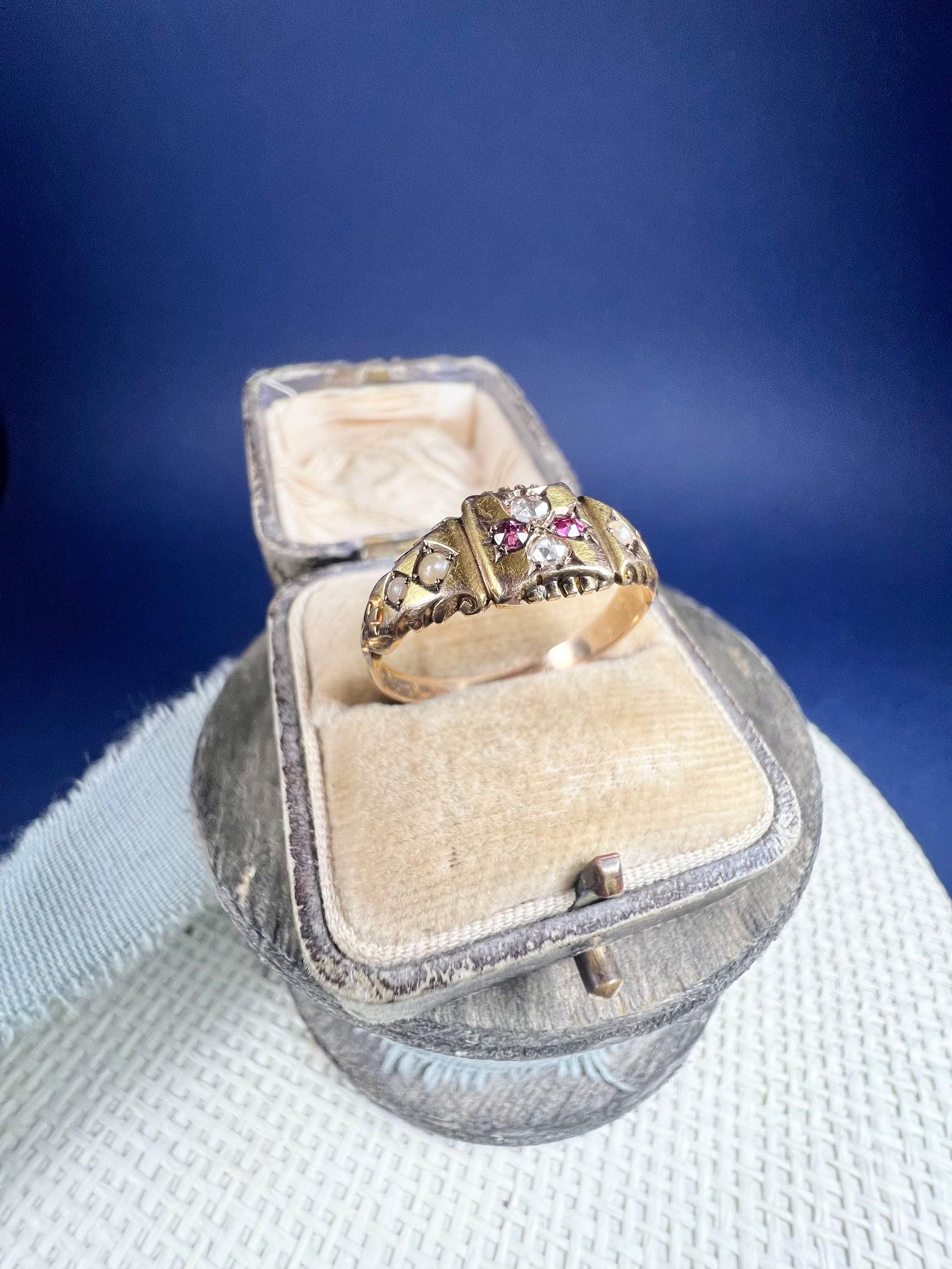 Antique 15ct Gold Edwardian Ruby, Diamond & Pearl Ring For Sale 5