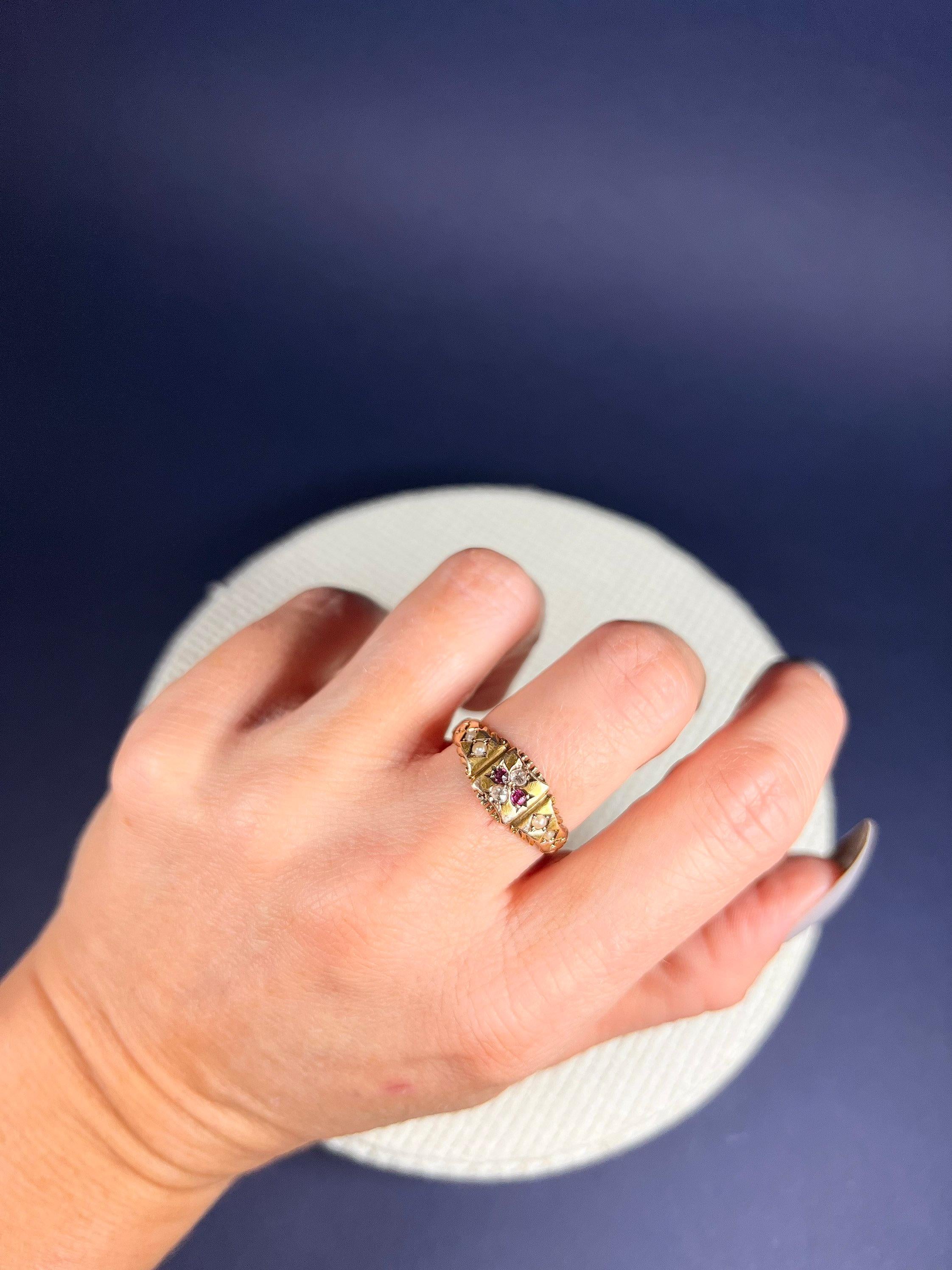 Antique 15ct Gold Edwardian Ruby, Diamond & Pearl Ring For Sale 1