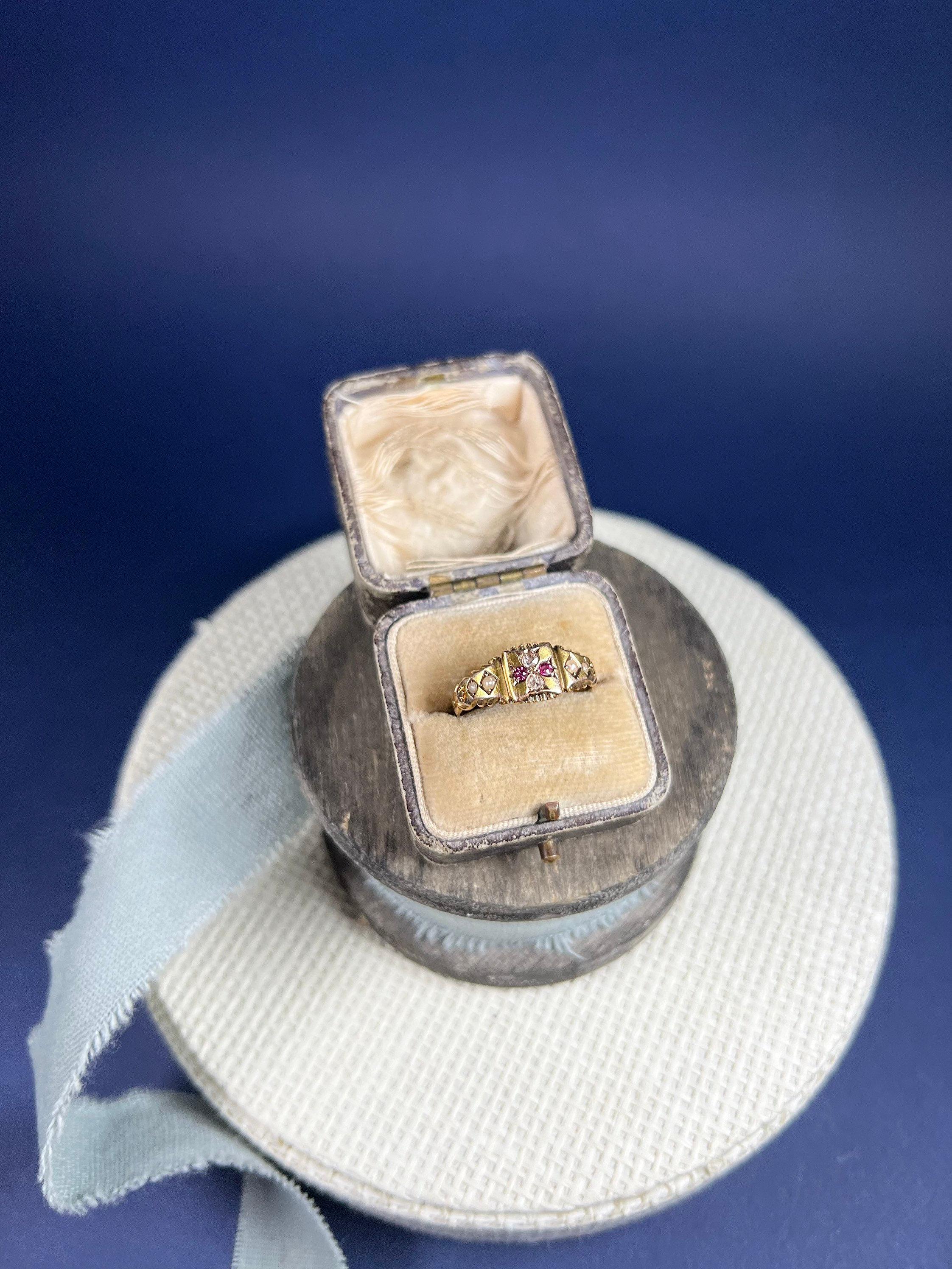 Antique 15ct Gold Edwardian Ruby, Diamond & Pearl Ring For Sale 2