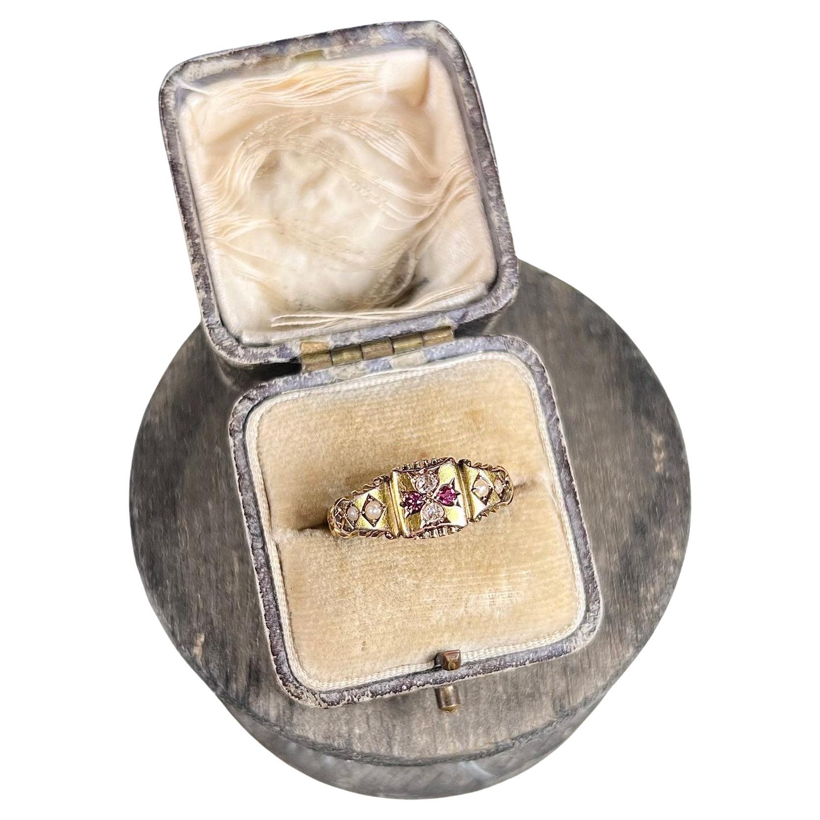 Antique 15ct Gold Edwardian Ruby, Diamond & Pearl Ring