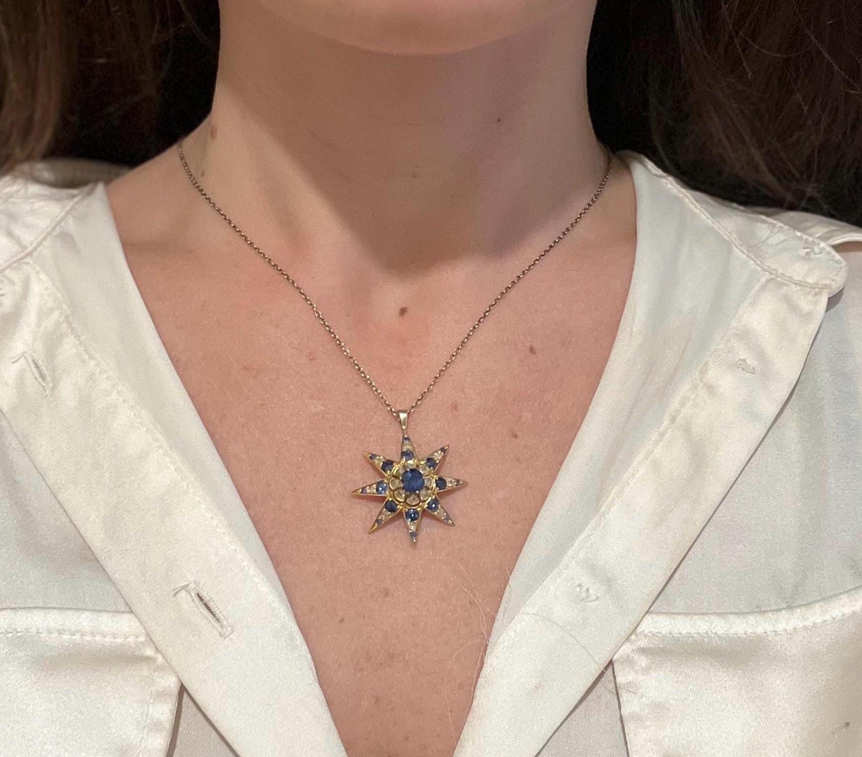 Edoardiano Antico ciondolo a stella in oro 15ct, zaffiro e diamante di epoca edoardiana, CIRCA 1900 in vendita