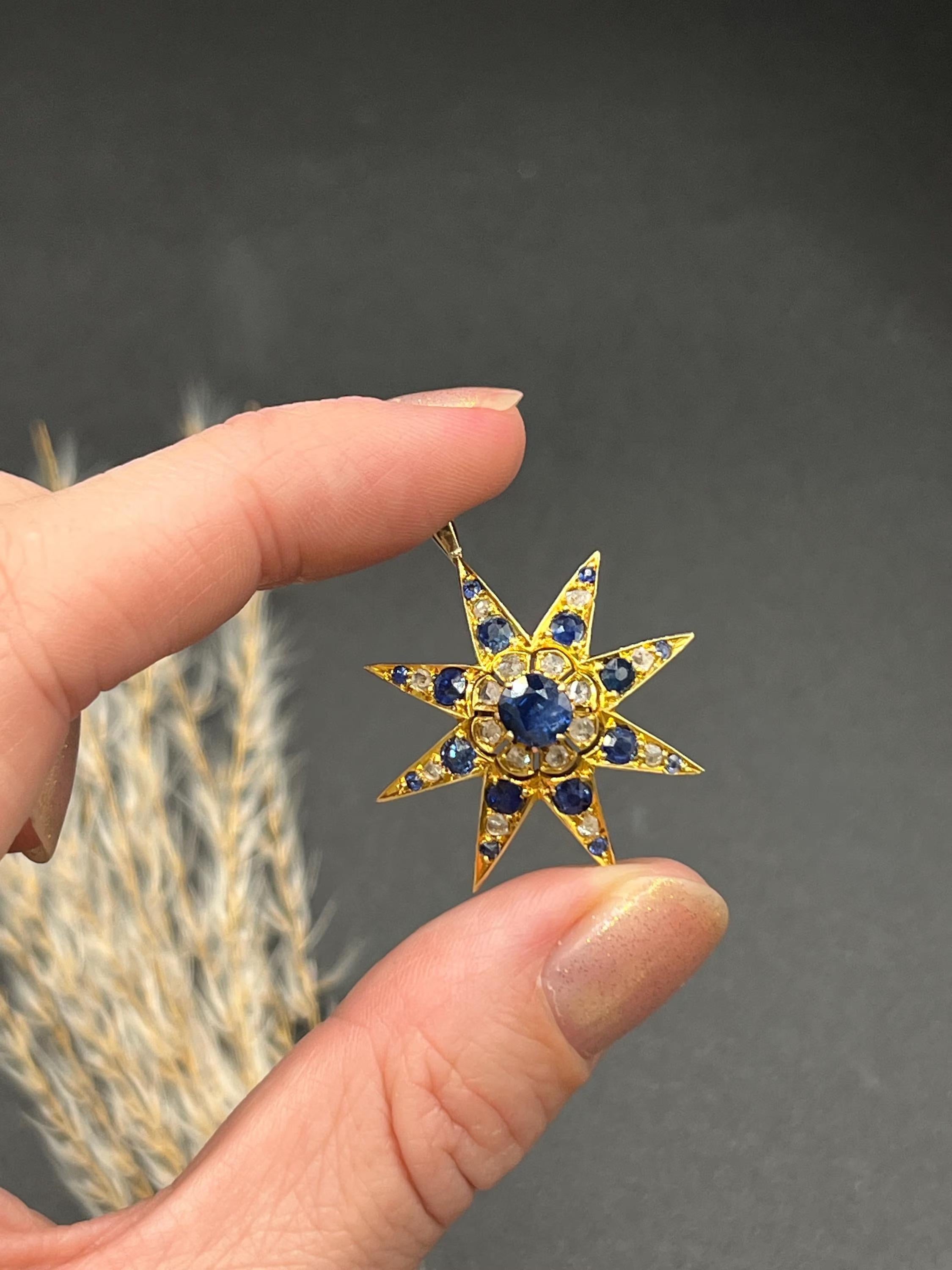 Antico ciondolo a stella in oro 15ct, zaffiro e diamante di epoca edoardiana, CIRCA 1900 in vendita 1