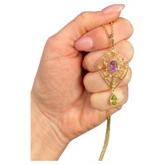 Antique 15ct Gold Edwardian Suffragette Pendant Amethyst, Peridot & Seed Pearls