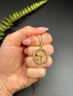 Antique 15ct Gold, Edwardian Turquoise & Pearl 3 Leaf Clover Pendant