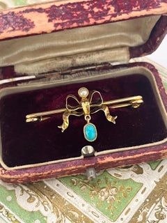 Antique 15ct Gold Edwardian Turquoise & Pearl Brooch