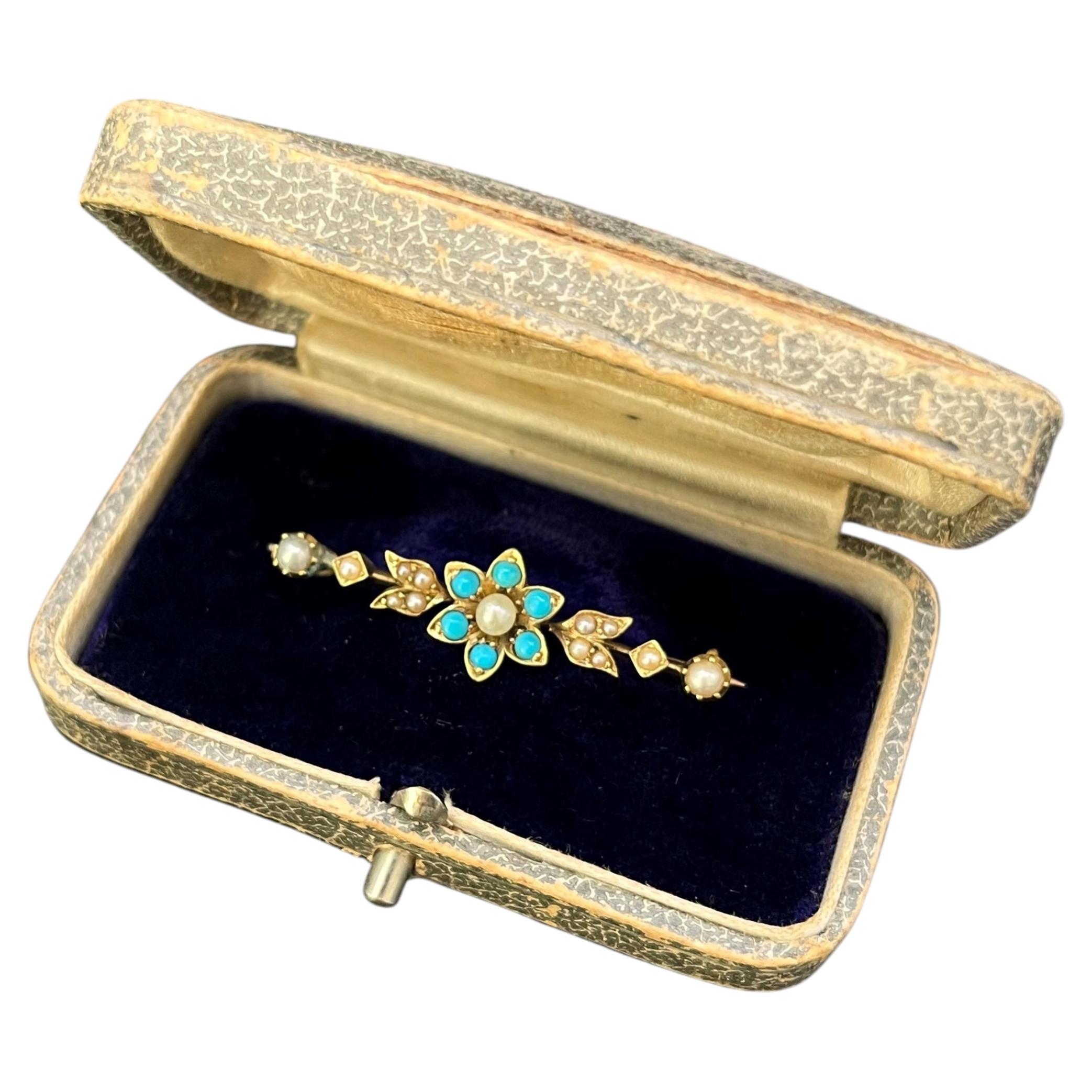 Spilla antica in oro 15ct di Edwardi con turchese e perle
