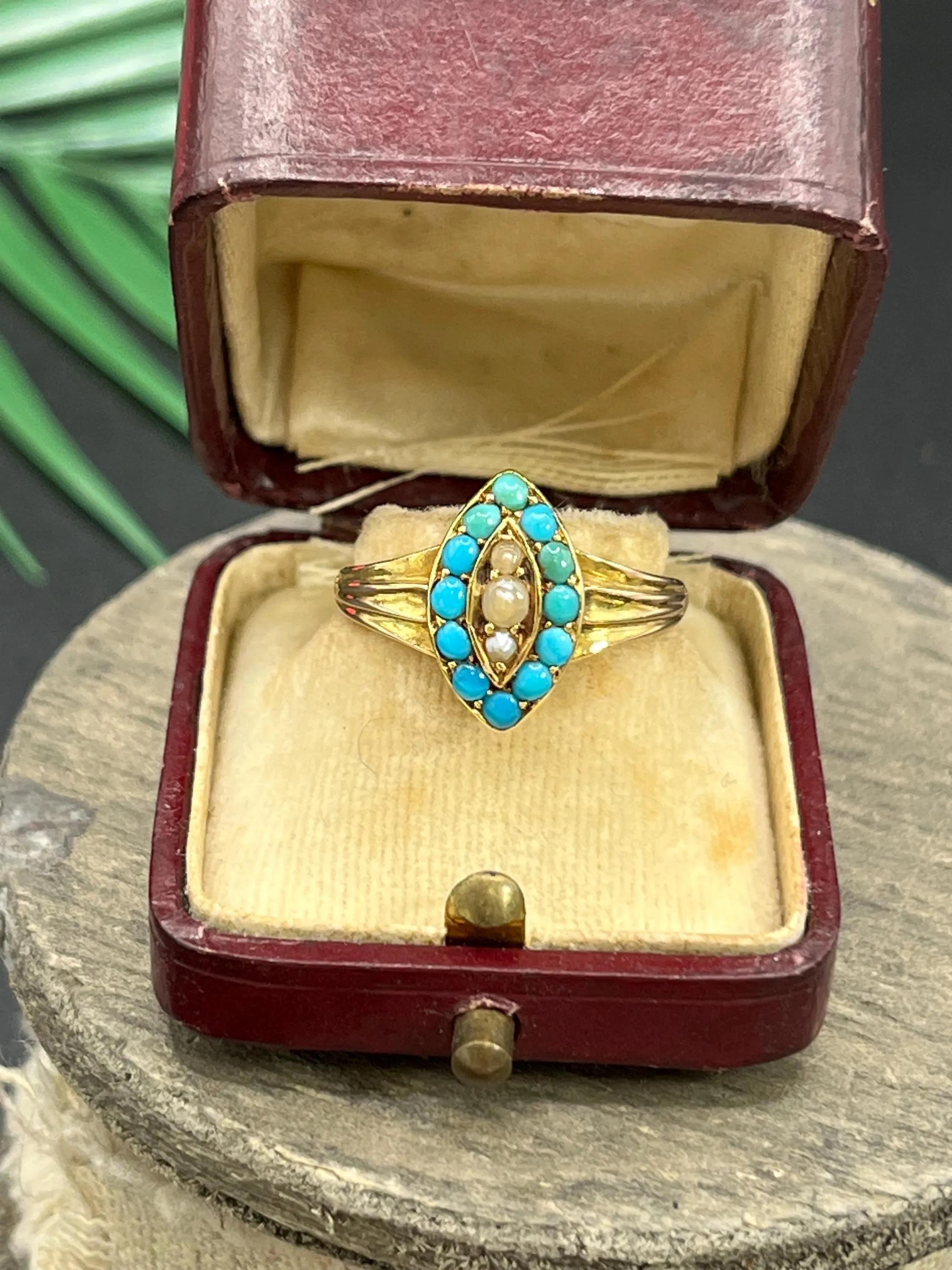 Anello antico in oro 15 ct edoardiano con turchese e perla marquise in vendita 4
