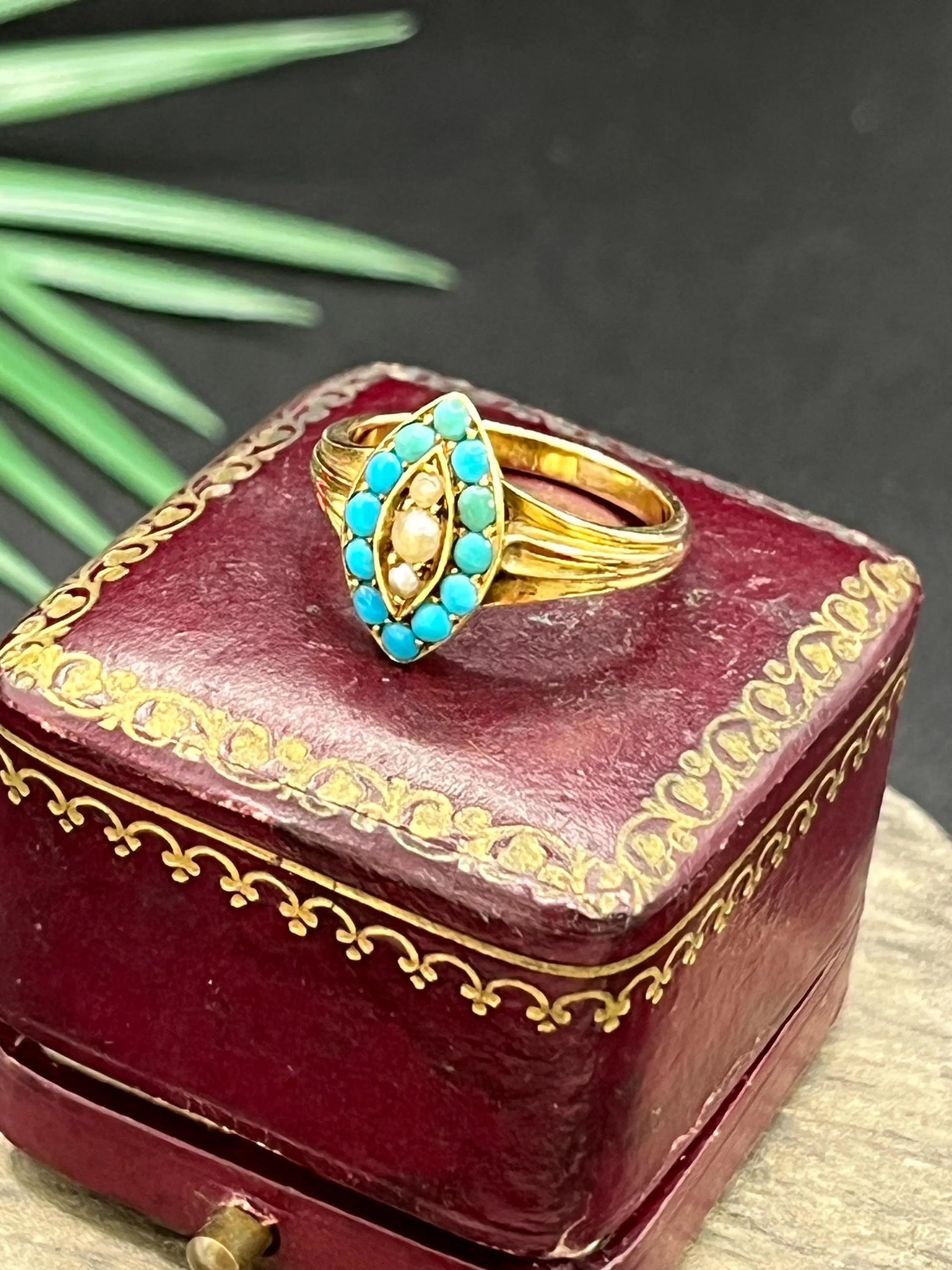 Edoardiano Anello antico in oro 15 ct edoardiano con turchese e perla marquise in vendita