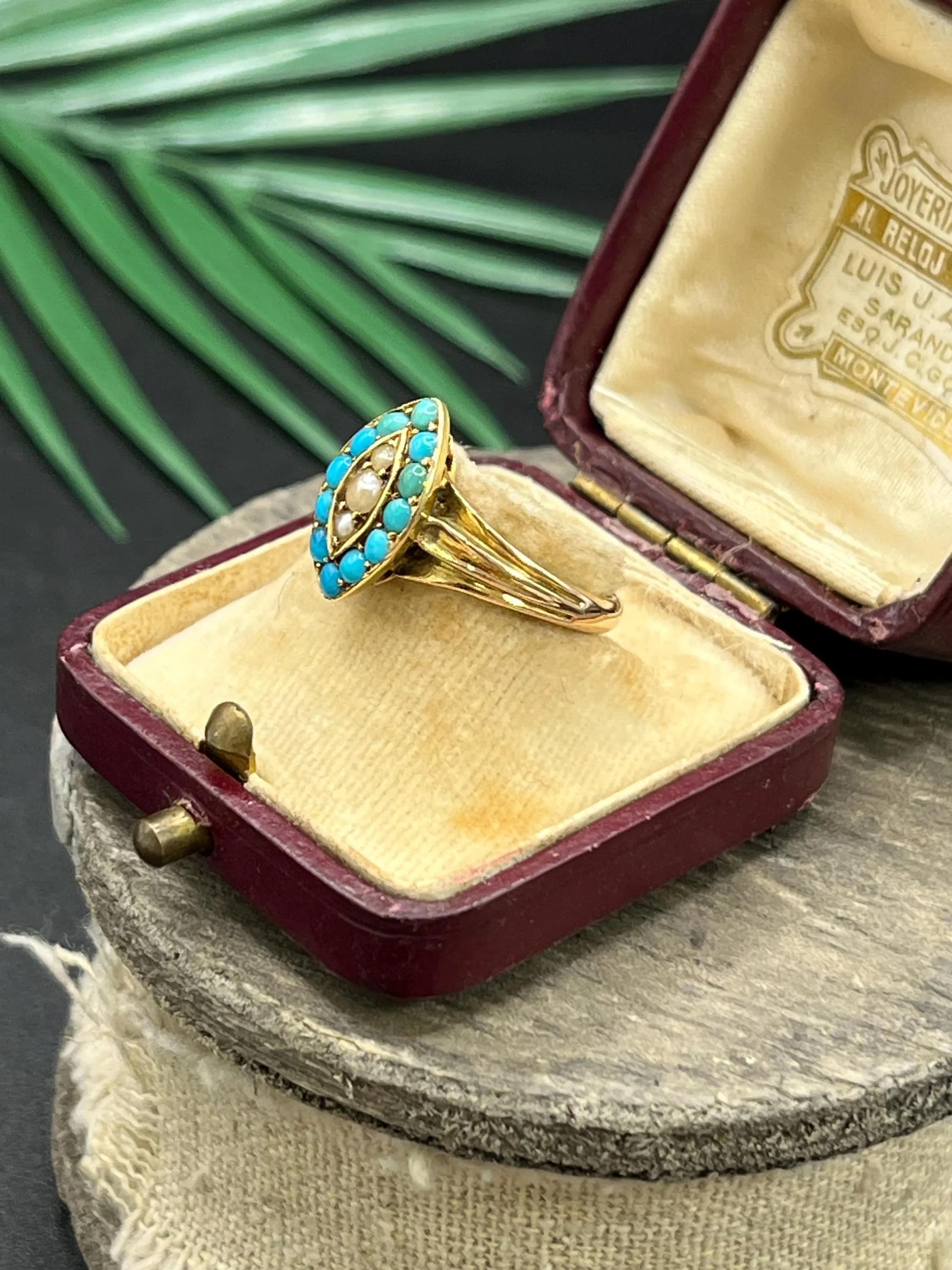 Anello antico in oro 15 ct edoardiano con turchese e perla marquise In condizioni buone in vendita a Brighton, GB