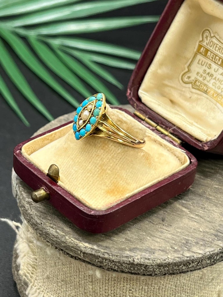 Bague Marquise Antique Or 18k Avec Turquoise Et Perles - Circa 1900 - Taille 45