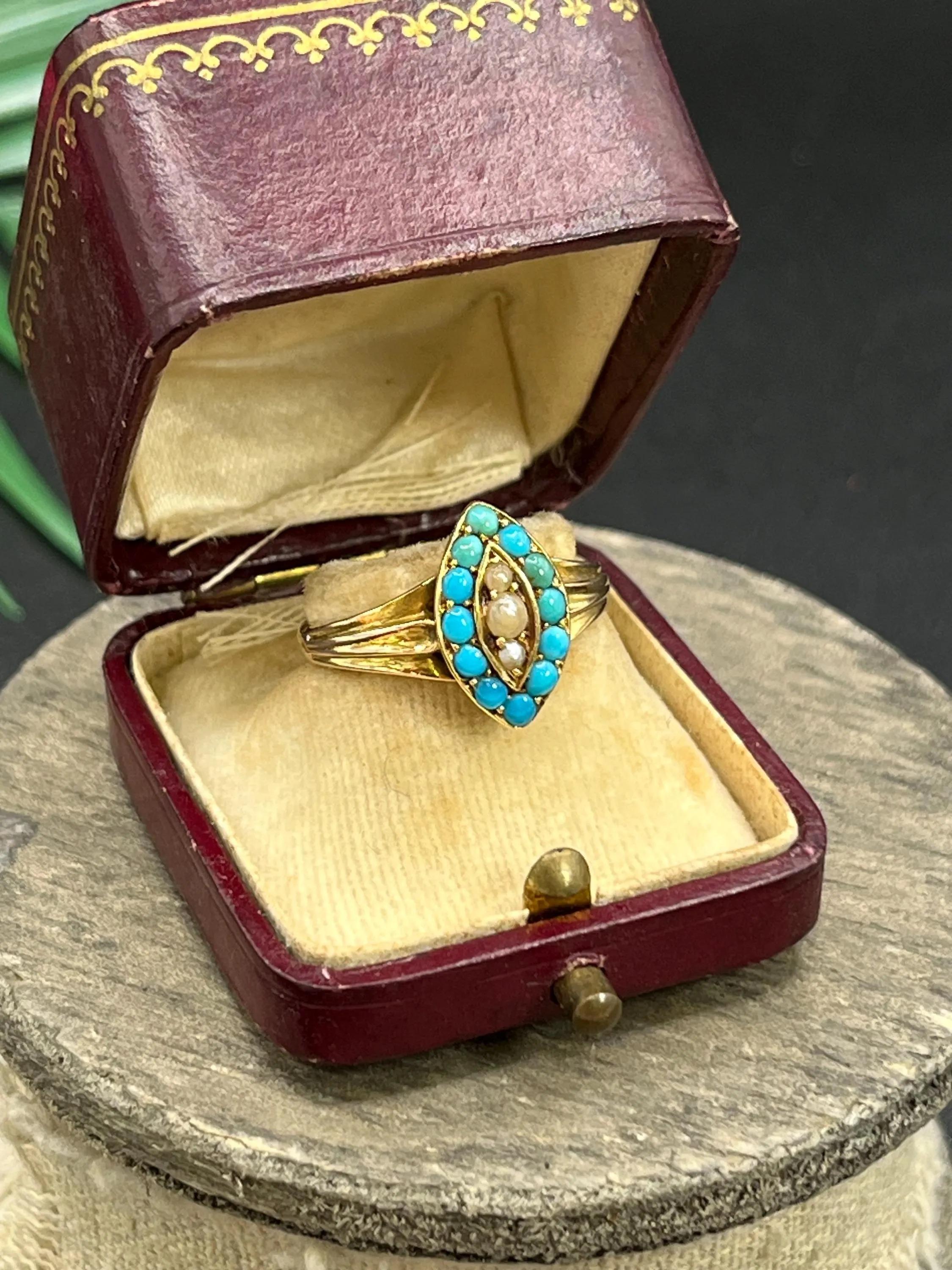 da uomo o donna Anello antico in oro 15 ct edoardiano con turchese e perla marquise in vendita