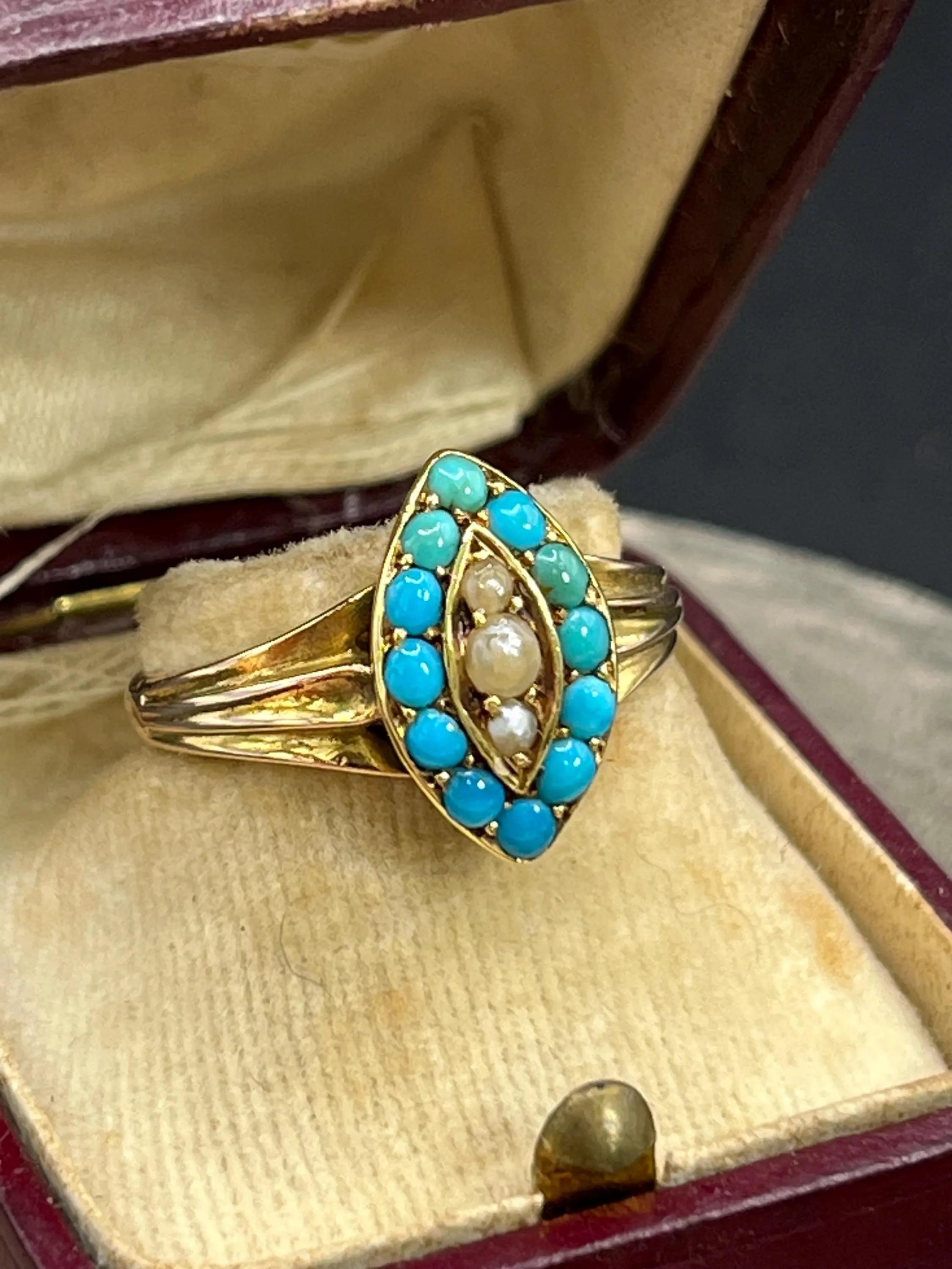 Anello antico in oro 15 ct edoardiano con turchese e perla marquise in vendita 2