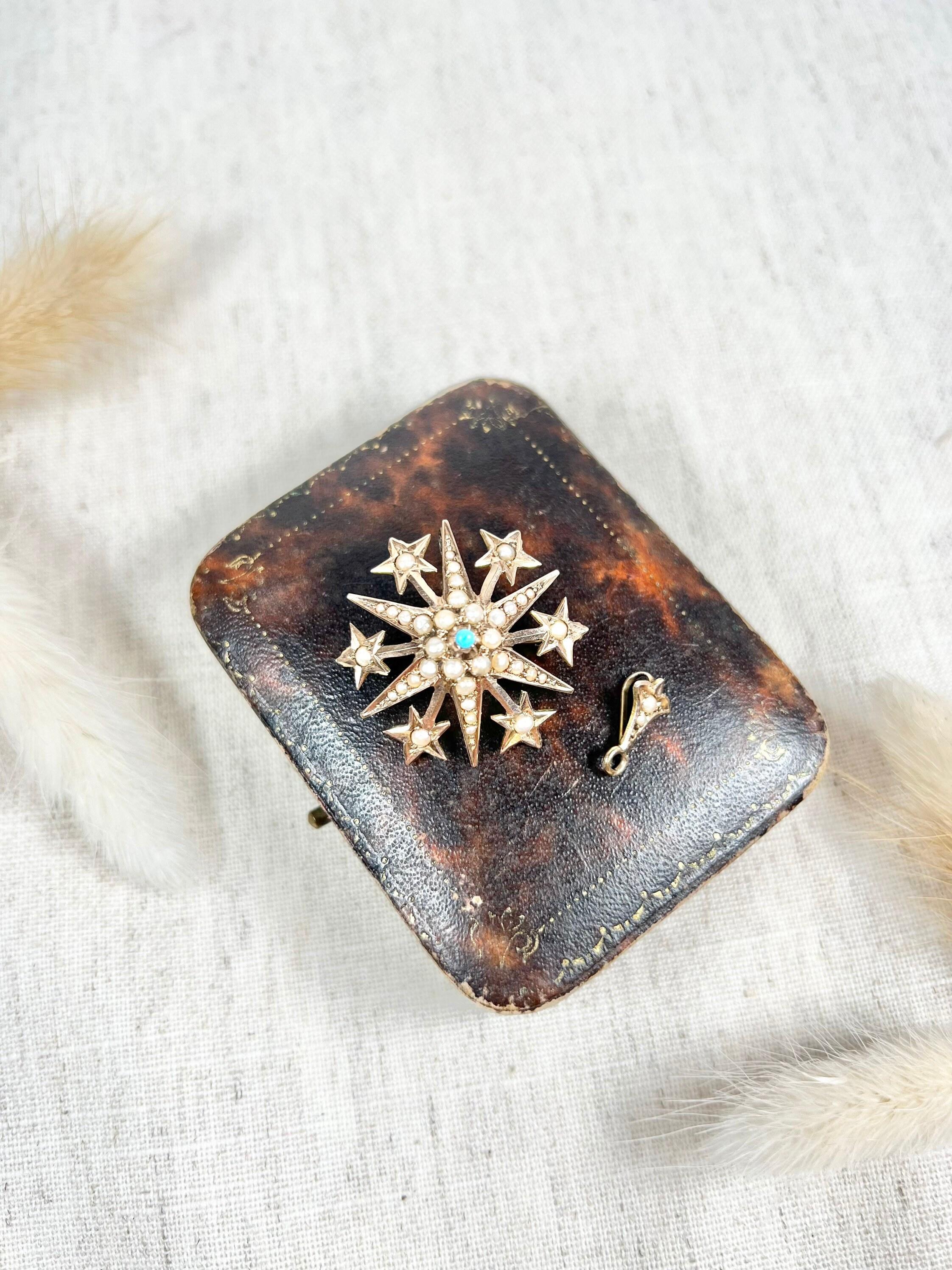 Women's or Men's Antique 15ct Gold Edwardian Turquoise & Pearl Starburst Pendant / Brooch For Sale