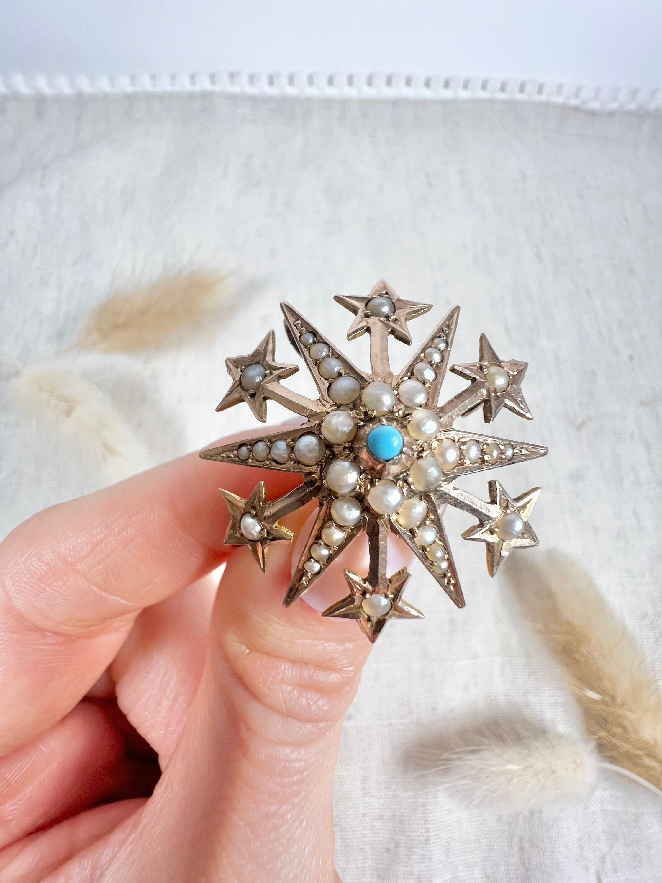 Antique 15ct Gold Edwardian Turquoise & Pearl Starburst Pendant / Brooch For Sale 1