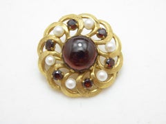 Antique 9ct Gold Garnet Pearl Target Brooch Pin c1890 Heavy 9.5g 375 Purity