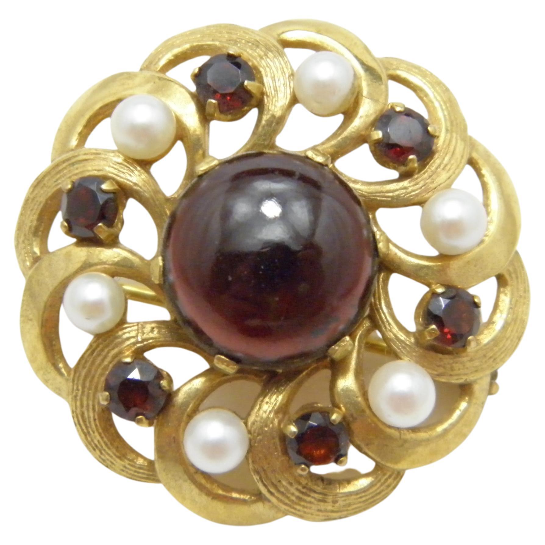 Antique 9ct Gold Garnet Pearl Target Brooch Pin c1890 Heavy 9.5g 375 Purity For Sale