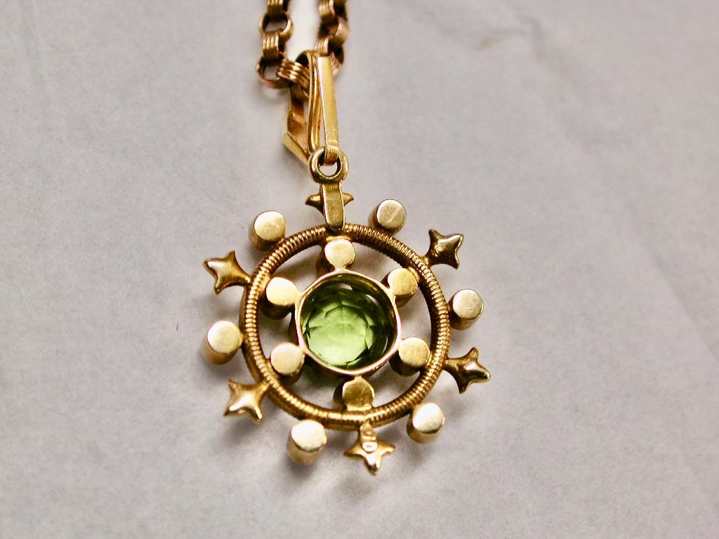 Mixed Cut Antique 15ct Gold Peridot & Pearl Pendant on Antique 9ct Gold Chain Circa 1900 For Sale
