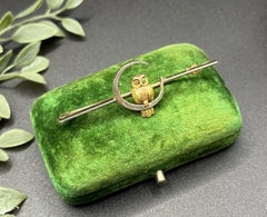 Antique 15ct Gold Platinum Edwardian Owl Brooch Emerald Eyes