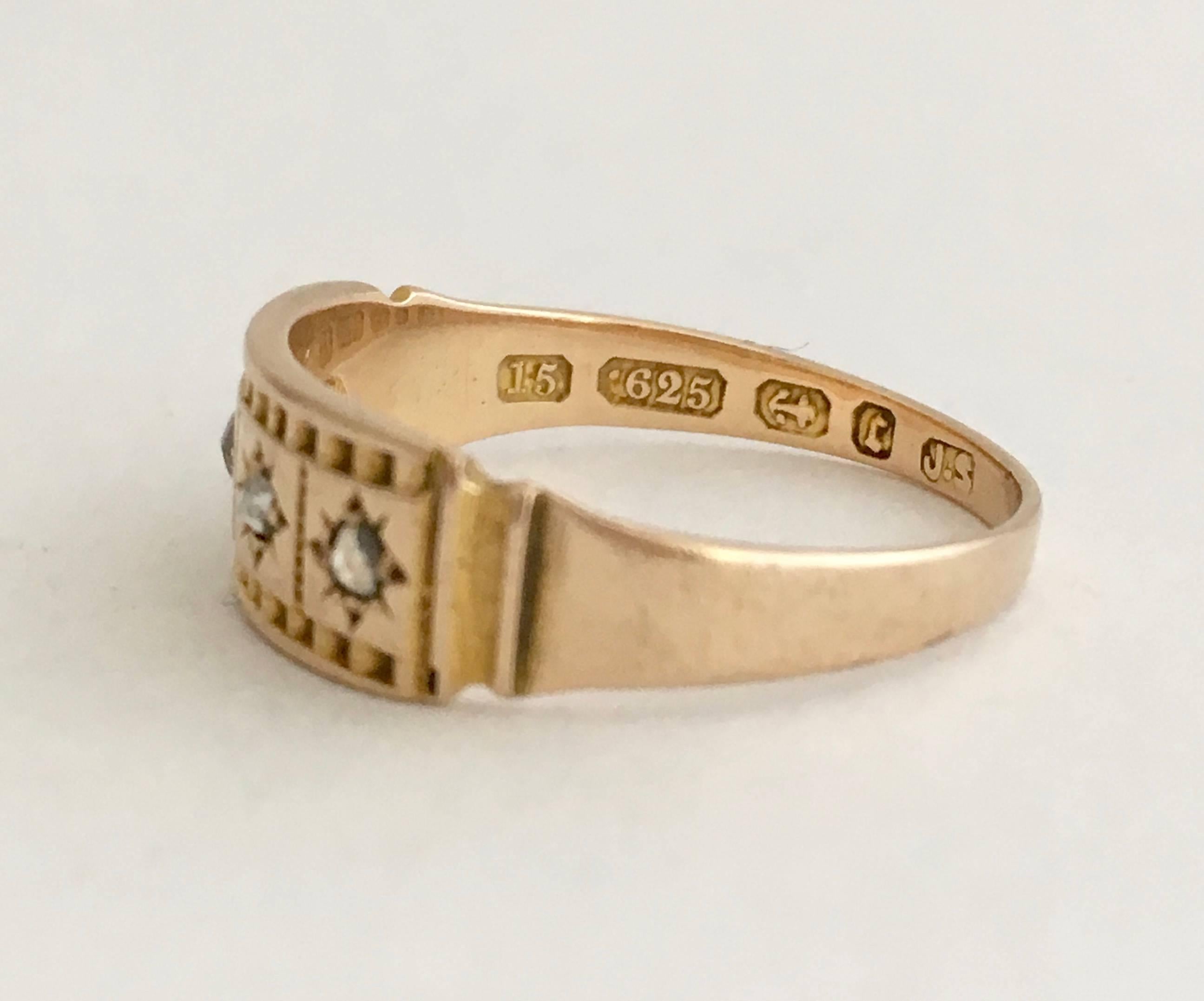 15ct Gold Rose Cut Diamond Chip Ring Antique Gypsy Set Star Band Etruscan Detail In Good Condition In London, GB