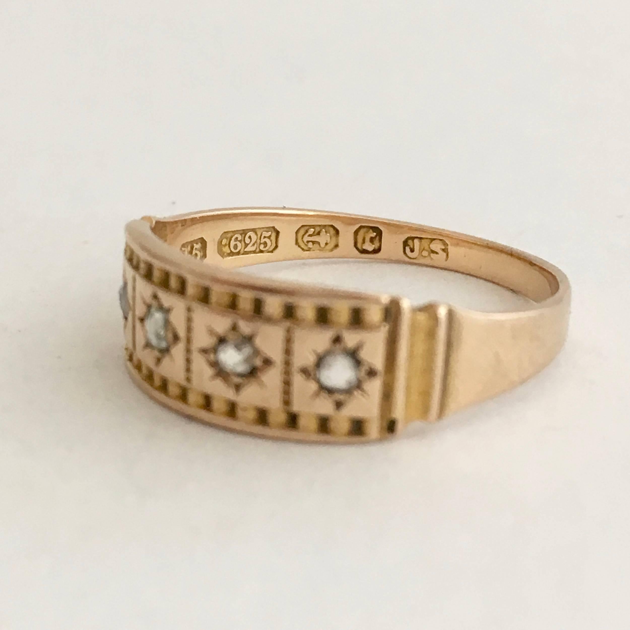 Women's or Men's 15ct Gold Rose Cut Diamond Chip Ring Antique Gypsy Set Star Band Etruscan Detail
