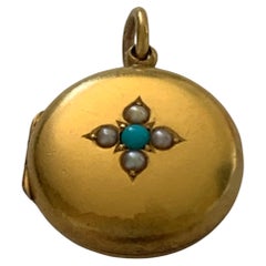 Antique Edwardian 15ct Gold Locket with Turquoise and Pearls, 1901