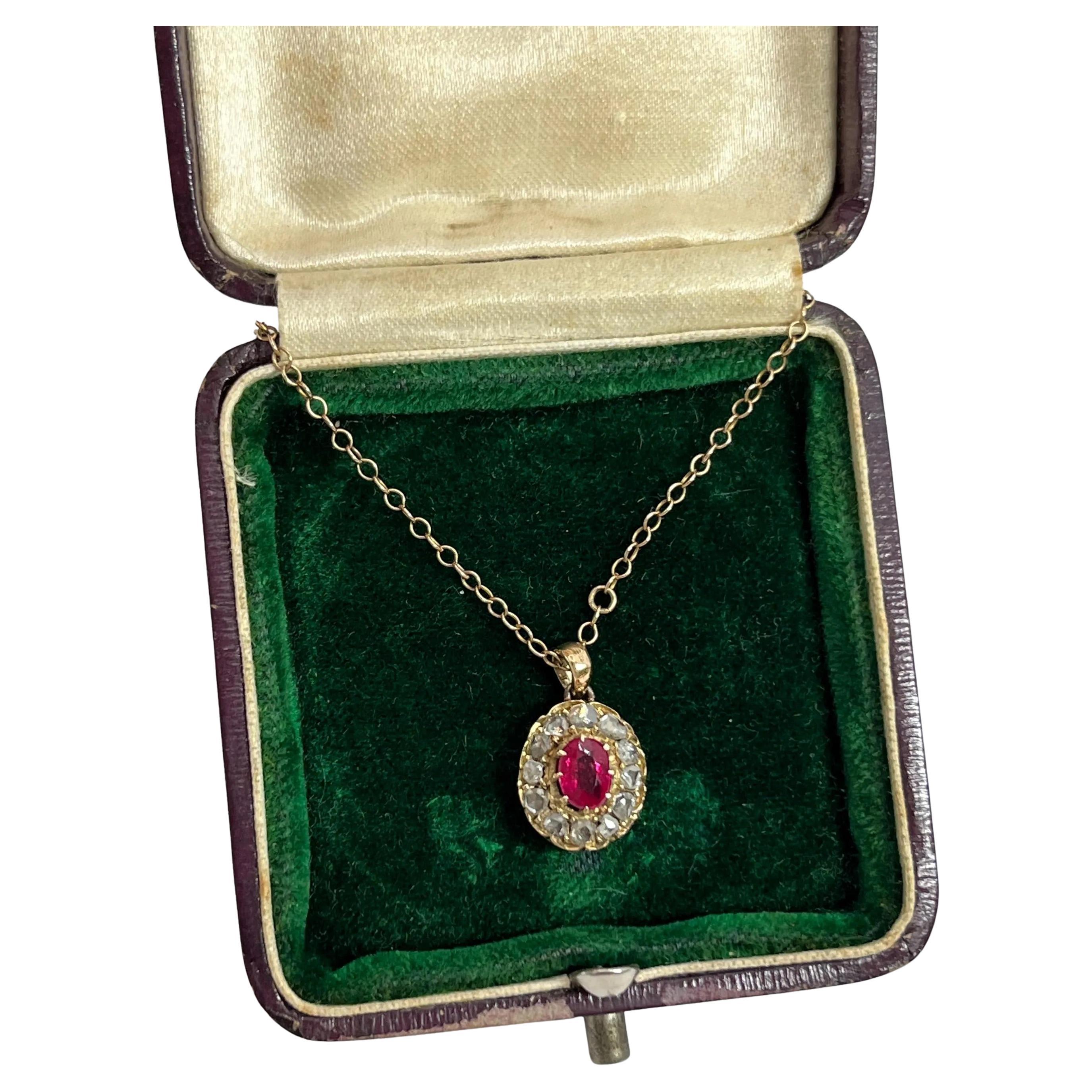 Antique 15ct Gold Ruby 
Diamond Cluster Pendant Circa 1880 For Sale