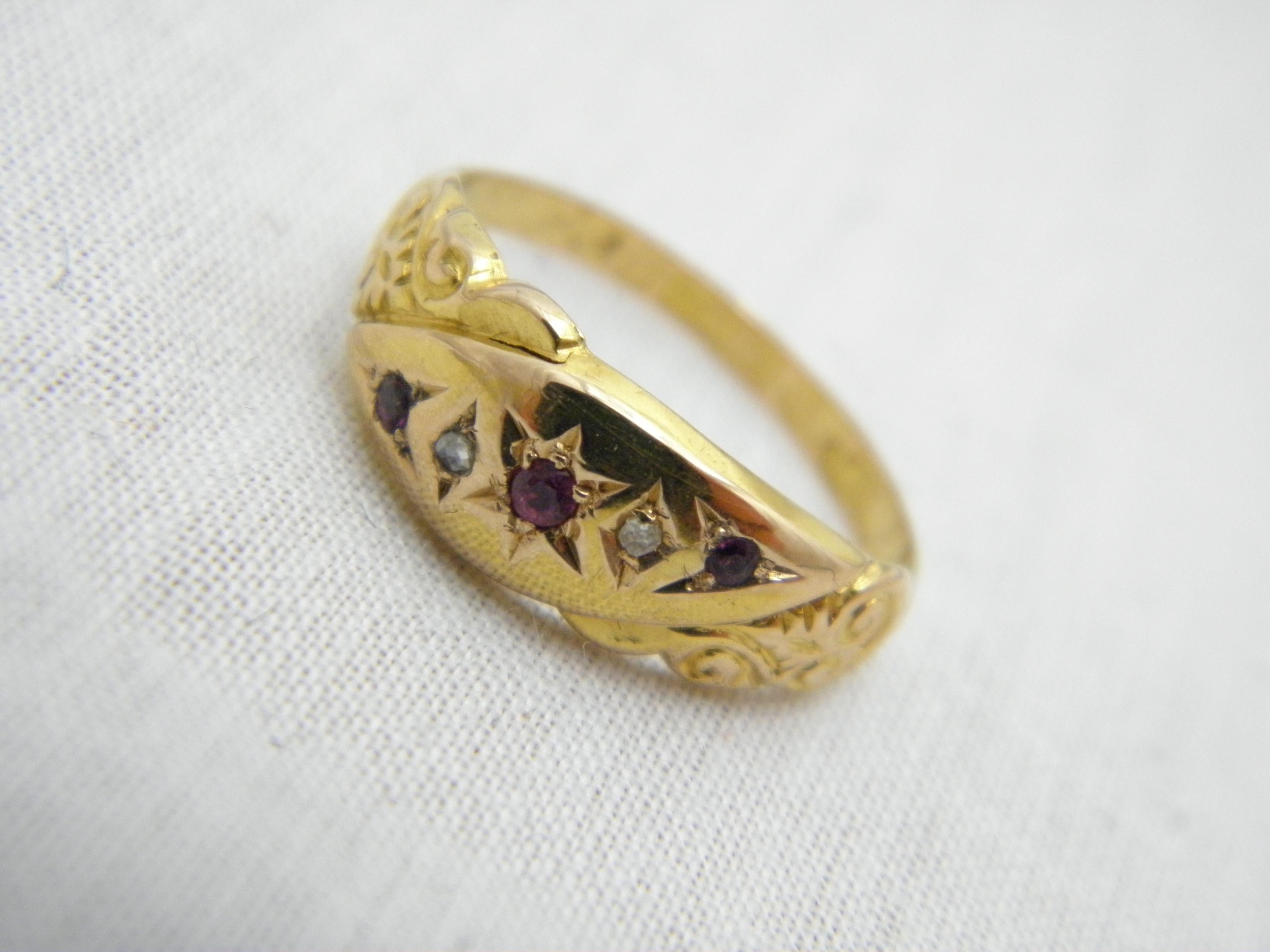 
For your consideration I have this amazing:

15CT GOLD ANTIQUE RUBY AND DIAMOND GYPSY BOAT RING

DETAILS
Material: 15ct 625/000 Rose/Yellow Gold
This ring has a thick and sturdy shank hence ideal if resizing needed
Style: Classic Gem Set Gypsy