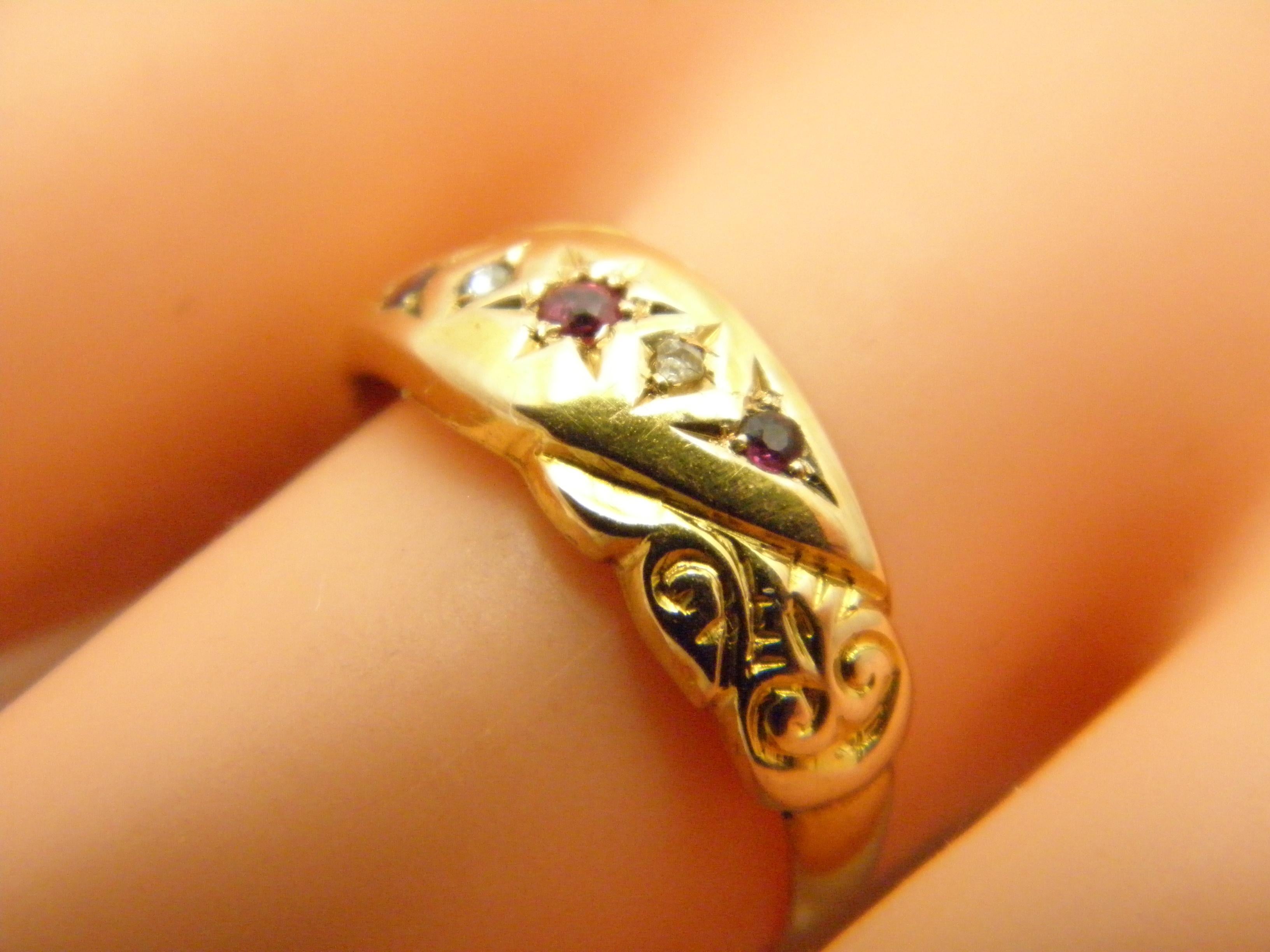 Victorian Antique 15ct Gold Ruby Diamond Gypsy Boat Ring Size O 7.25 625 Chester 1910 For Sale