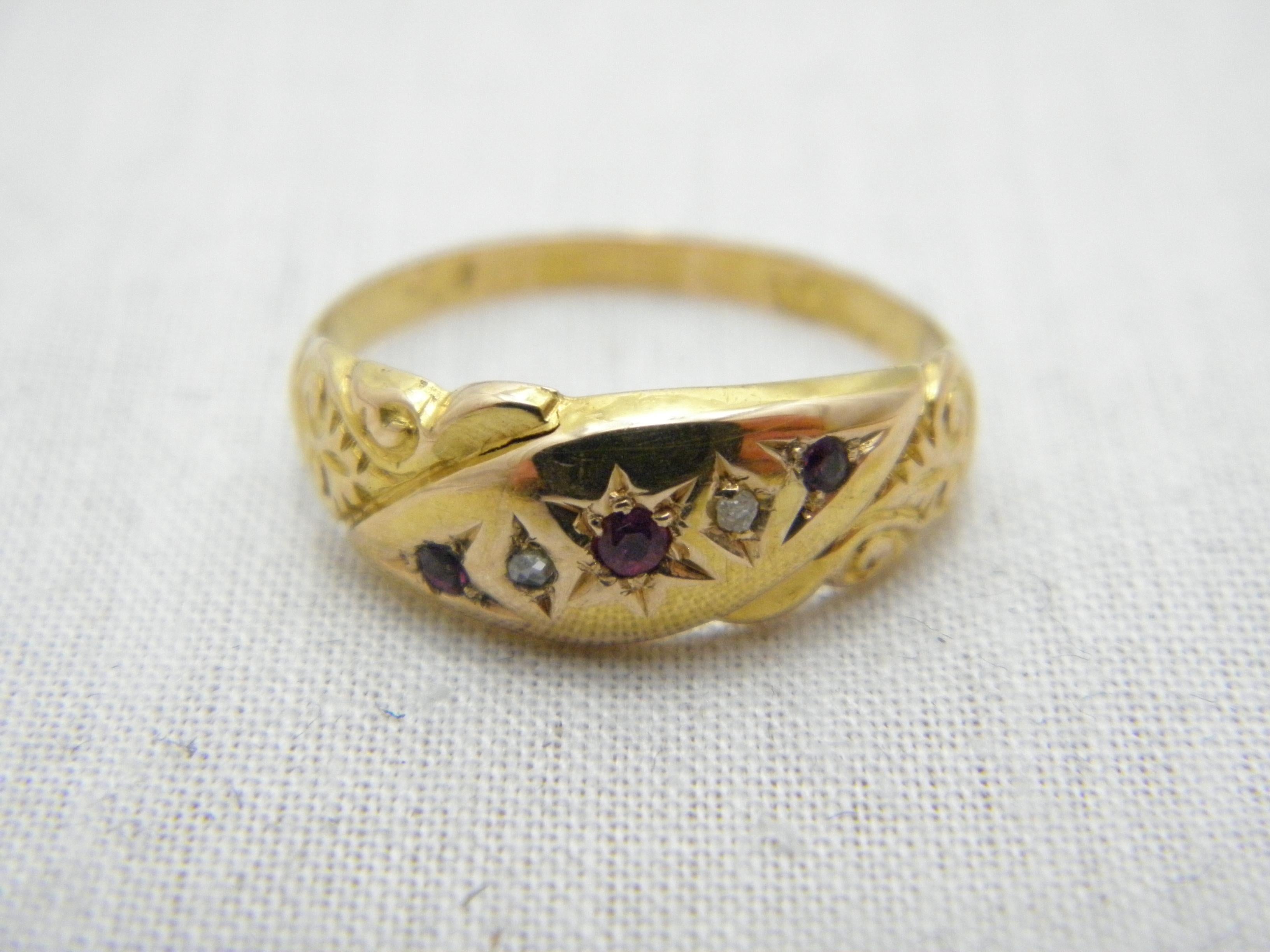 Rose Cut Antique 15ct Gold Ruby Diamond Gypsy Boat Ring Size O 7.25 625 Chester 1910 For Sale