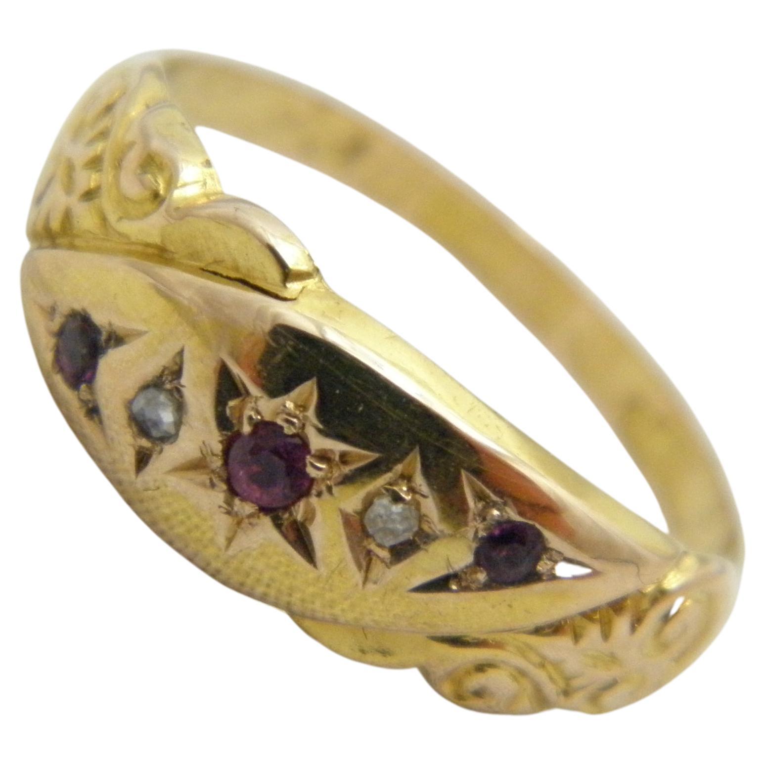 Antique 15ct Gold Ruby Diamond Gypsy Boat Ring Size O 7.25 625 Chester 1910 For Sale