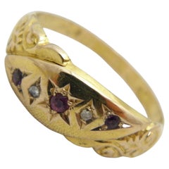 Bague ancienne en forme de bateau gitan en or 15 carats, rubis et diamants, taille O 7,25 625, Chester 1910