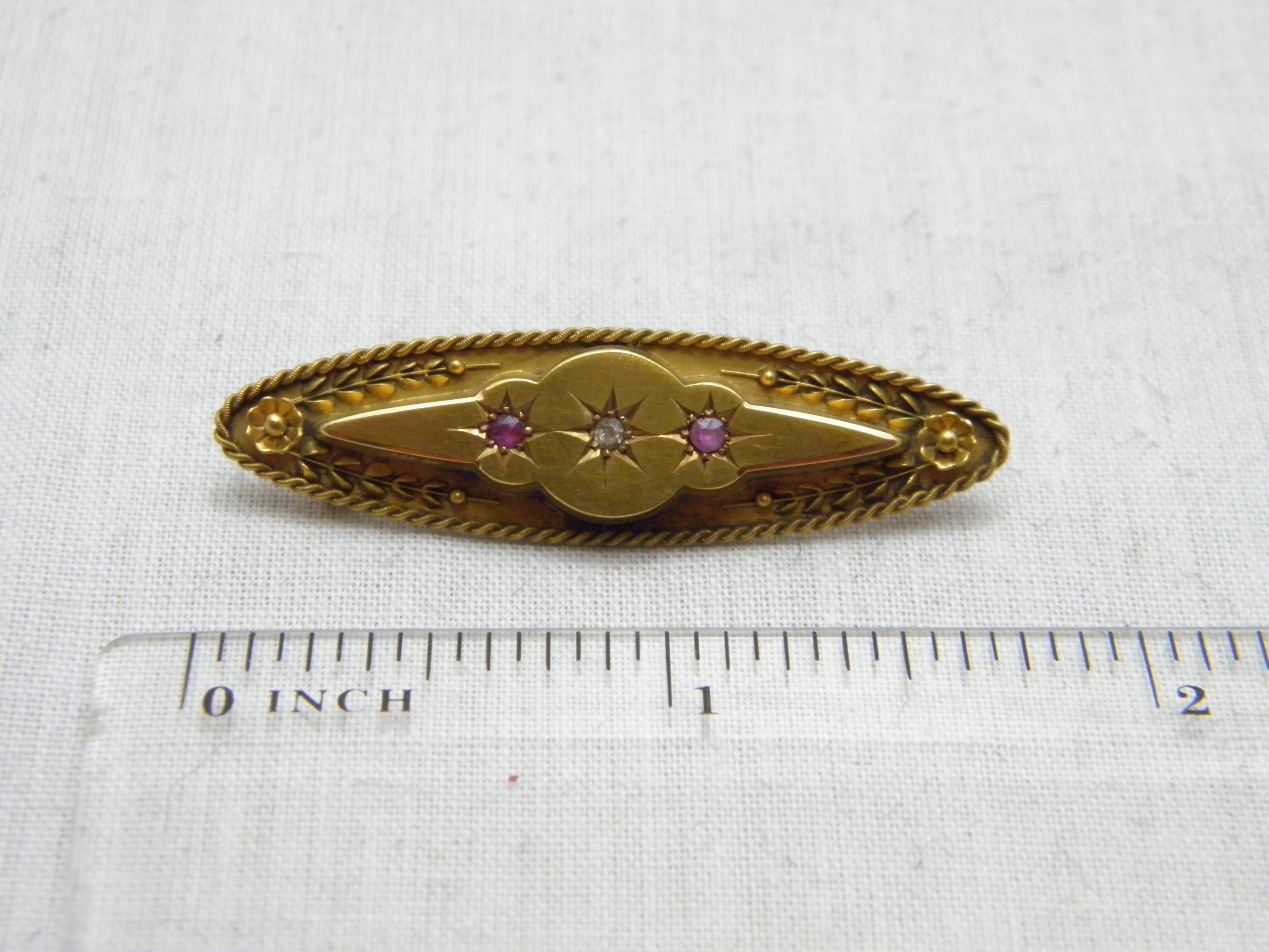 Antique 15ct Gold Ruby Diamond Rope Bar Brooch Pin c1900 625 Purity Victorian For Sale 6