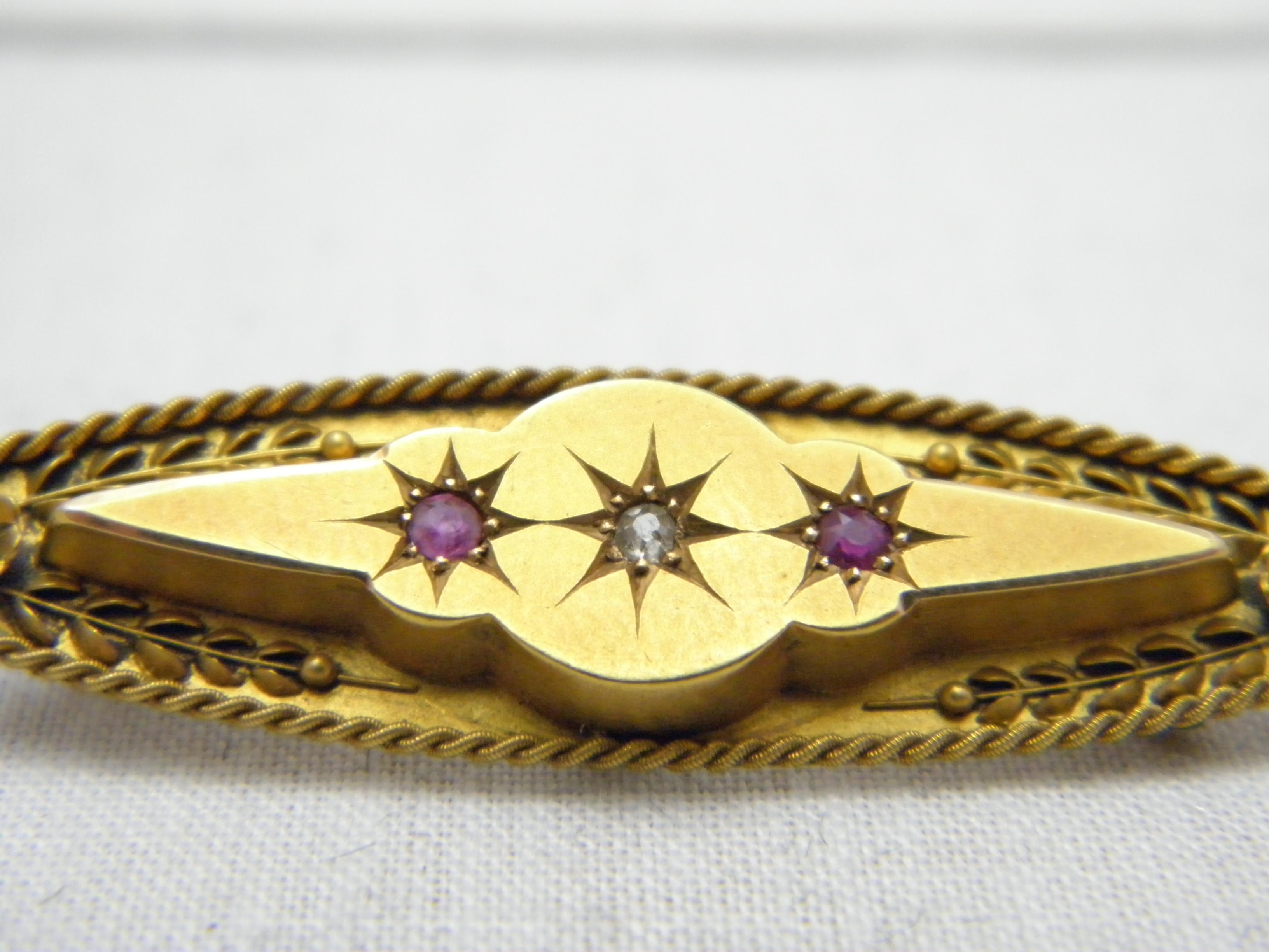 Antique 15ct Gold Ruby Diamond Rope Bar Brooch Pin c1900 625 Purity Victorian For Sale 1