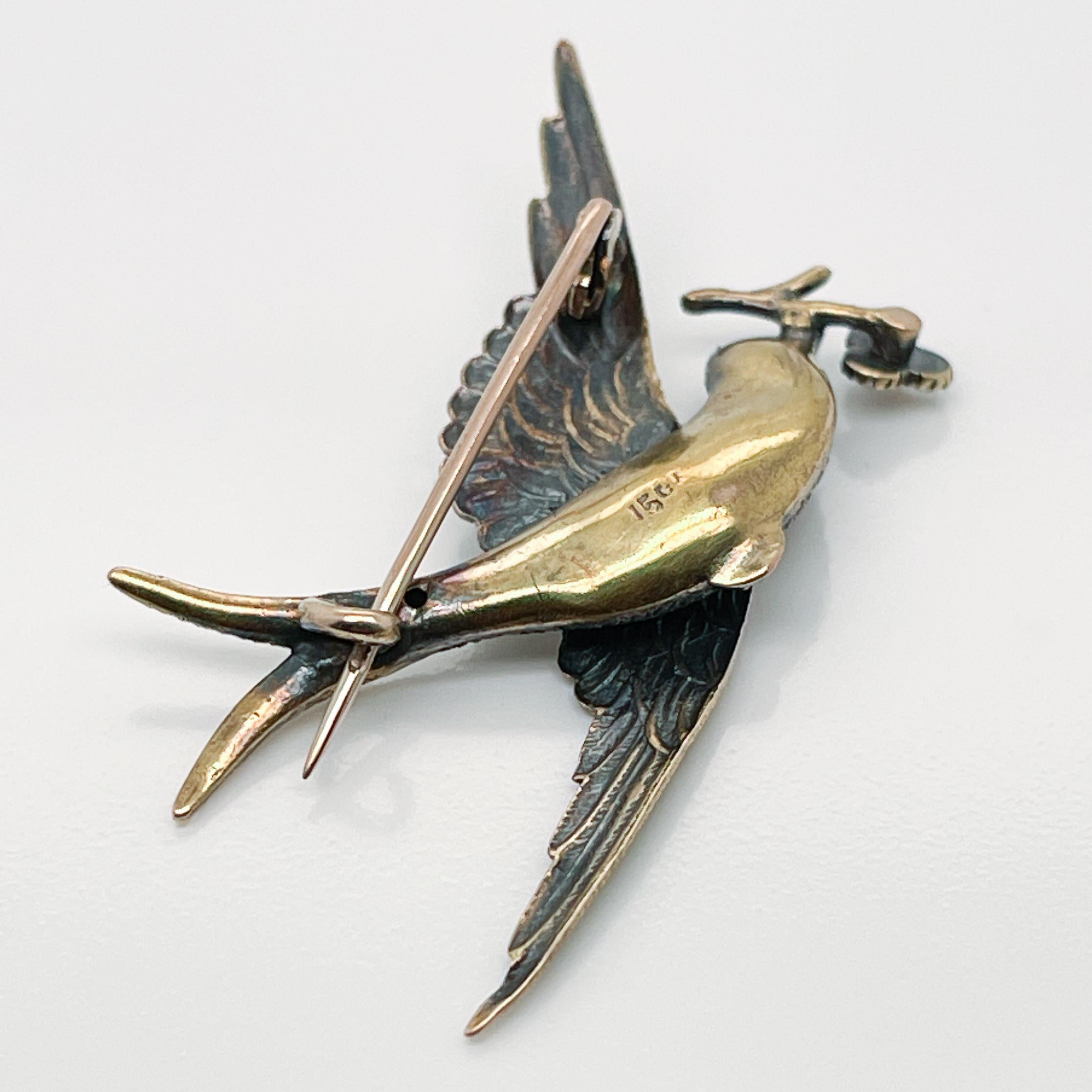Edwardian Antique 15ct Gold & Seed Pearl Brooch of a Split Tail Swallow Bird with a Branch For Sale