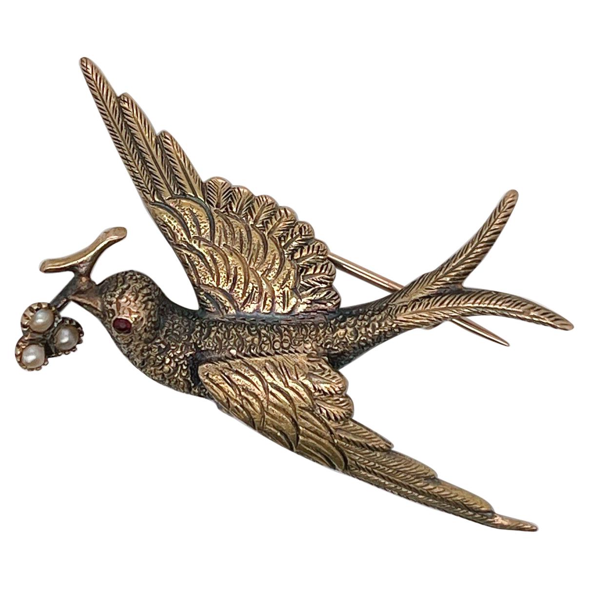 Antique 15ct Gold & Seed Pearl Brooch of a Split Tail Swallow Bird with a Branch For Sale