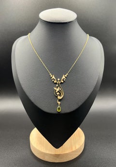 Antique 15ct Gold Stamped, Art Nouveau Peridot & Pearl Floral Pendant Necklace