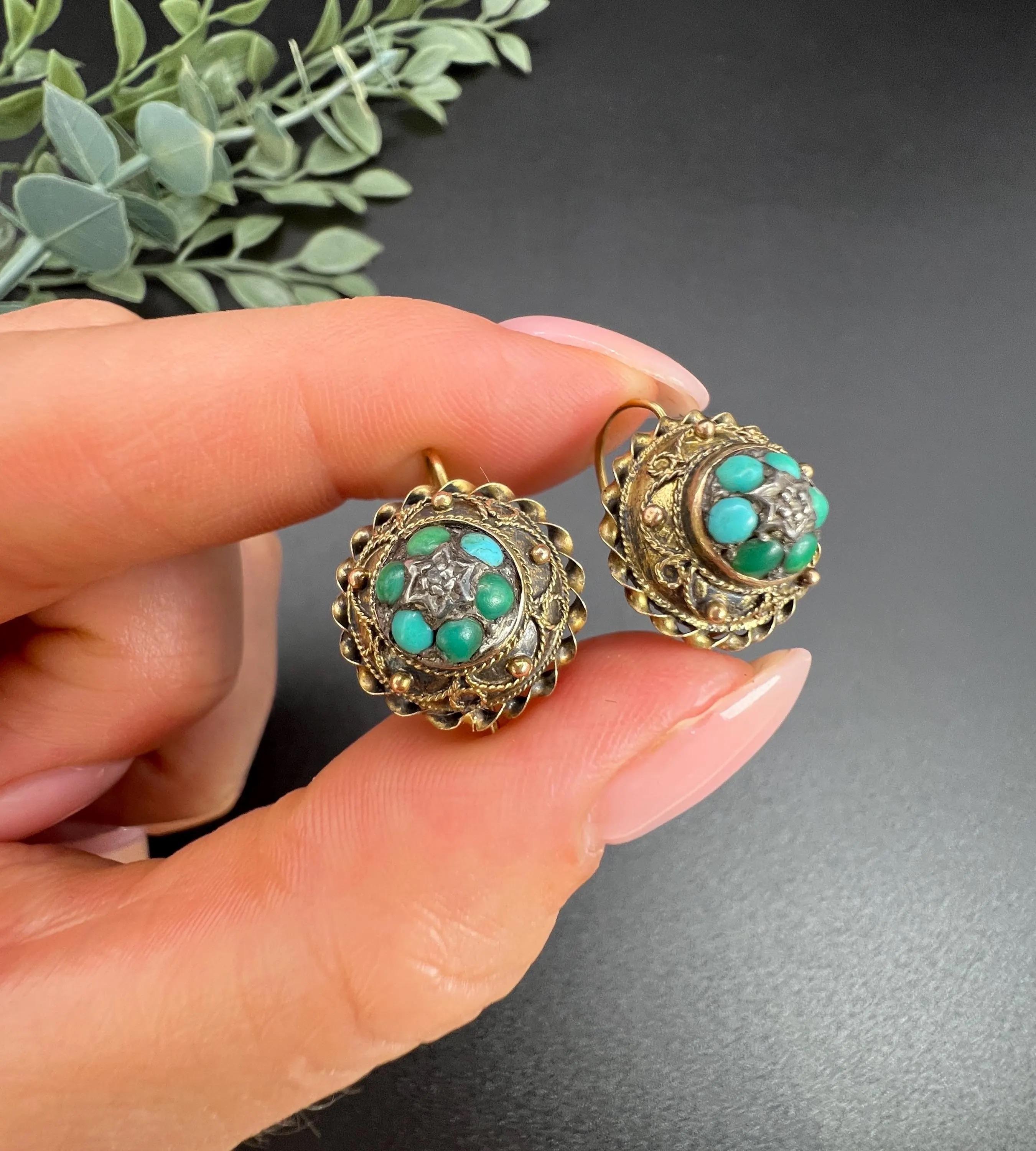 Türkis-Ohrringe 

15-Karat-Gold

CIRCA 1860

Wir präsentieren ein atemberaubendes Paar frühviktorianischer Ohrringe aus 15 Karat Gold. Diese exquisiten, runden Ohrringe sind mit einem atemberaubenden Türkiscluster in der Mitte versehen, der mit
