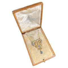 Antique 15ct Gold Stamped Edwardian Aquamarine & Seed Pearl Pendant Necklace