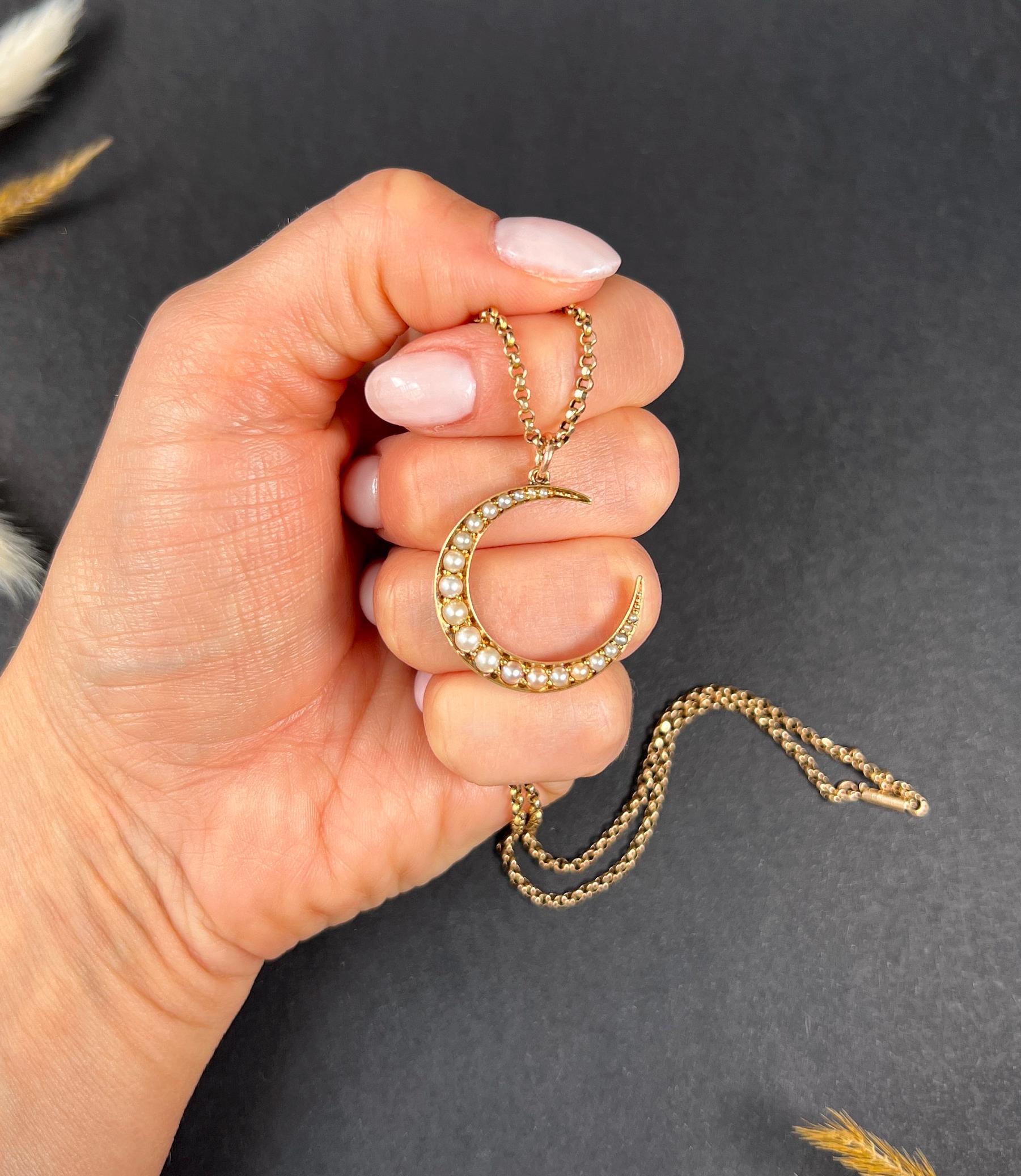 Antique 15ct Gold Stamped, Edwardian Natural Seed Pearl Crescent Moon Pendant 5