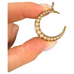 Antique 15ct Gold Stamped, Edwardian Natural Seed Pearl Crescent Moon Pendant