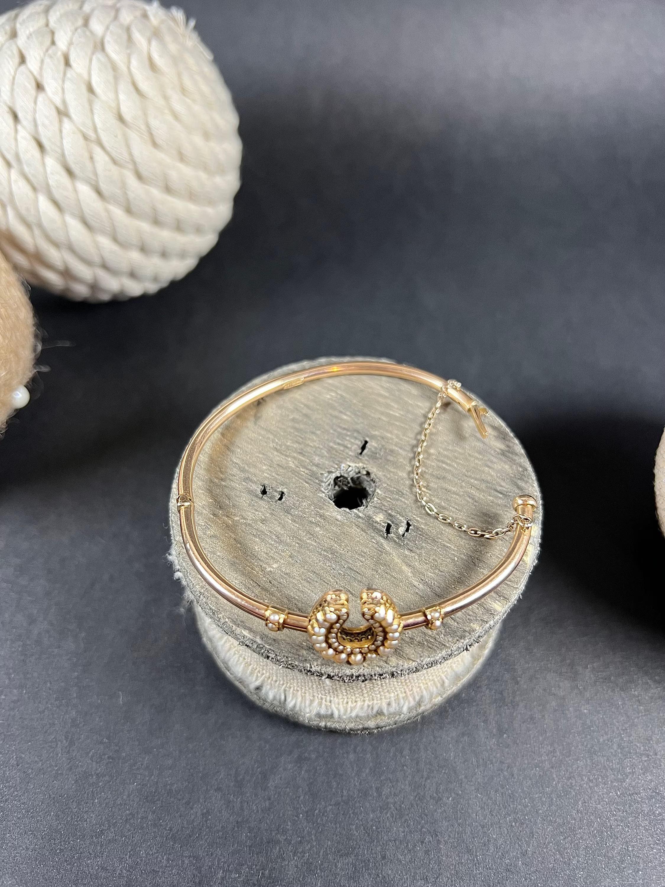 Round Cut Antique 15ct Gold Stamped, Edwardian Pearl Horseshoe Bangle Bracelet For Sale