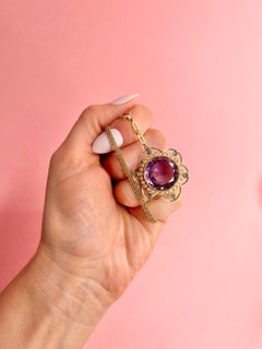 Antique 15ct Gold Suffragette Pendant Amethyst  Emeralds & Natural Seed Pearls