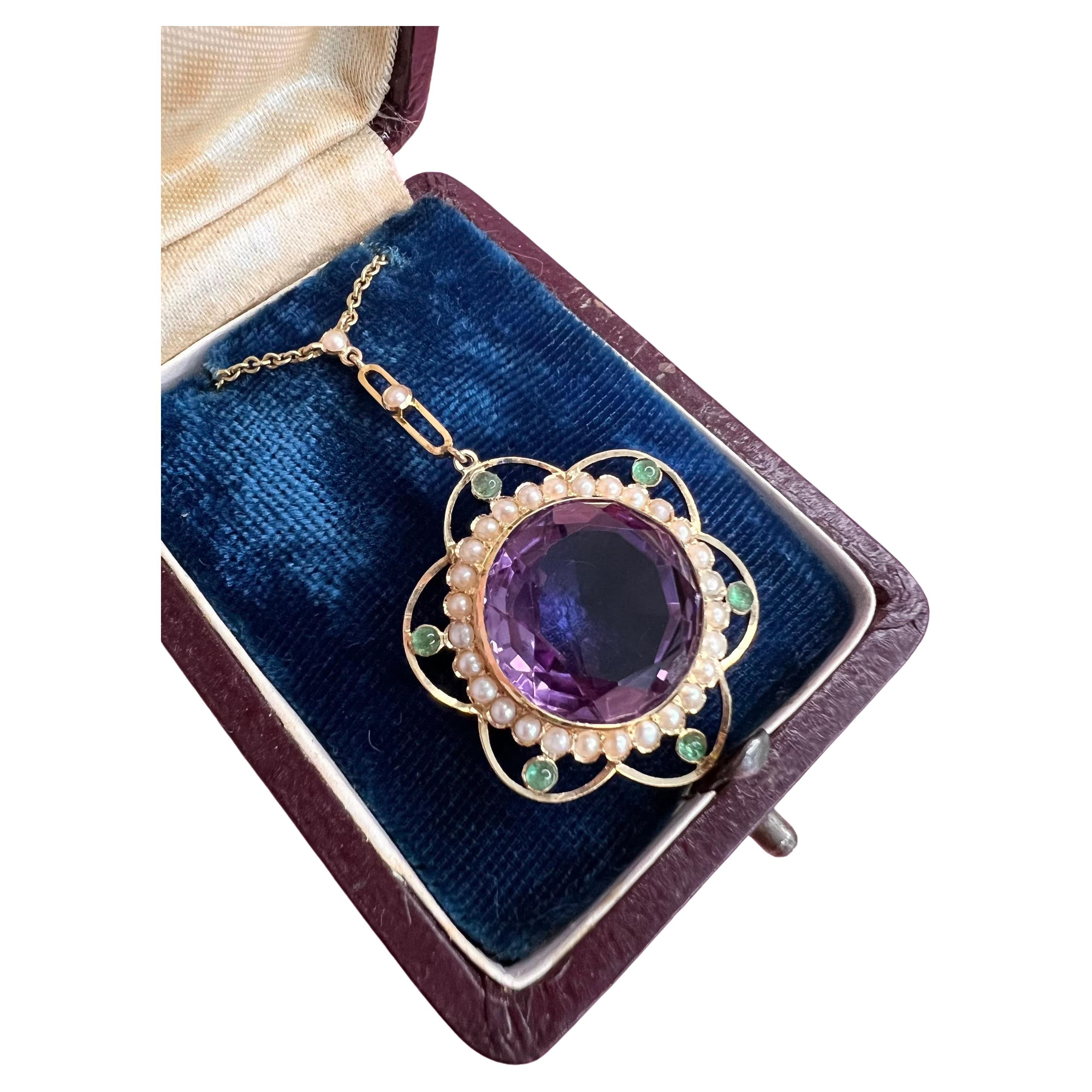 Antique 15ct Gold Suffragette Pendant Amethyst  Emeralds & Natural Seed Pearls For Sale