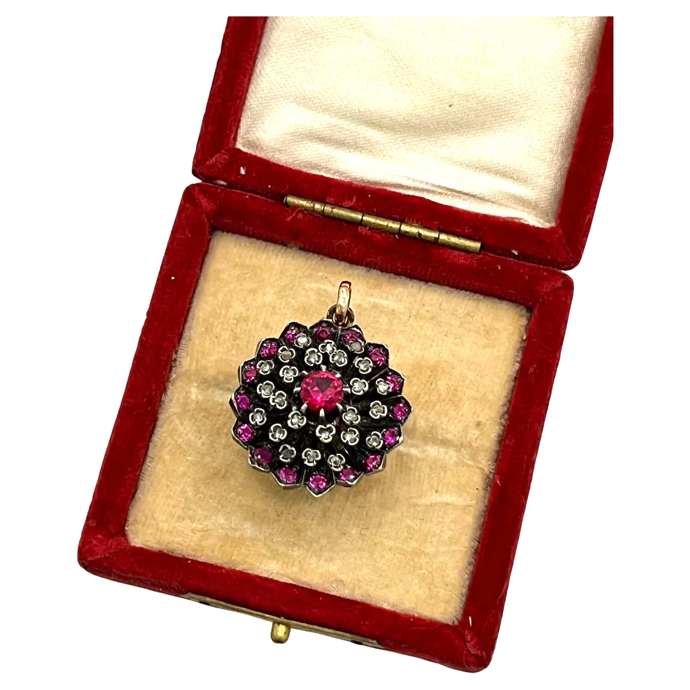 Antique 15ct Gold and Silver Synthetic Ruby 
Diamond Cluster Pendant Circa 1865