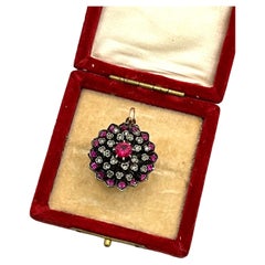 Antique 15ct Gold and Silver Synthetic Ruby 
Diamond Cluster Pendant Circa 1865
